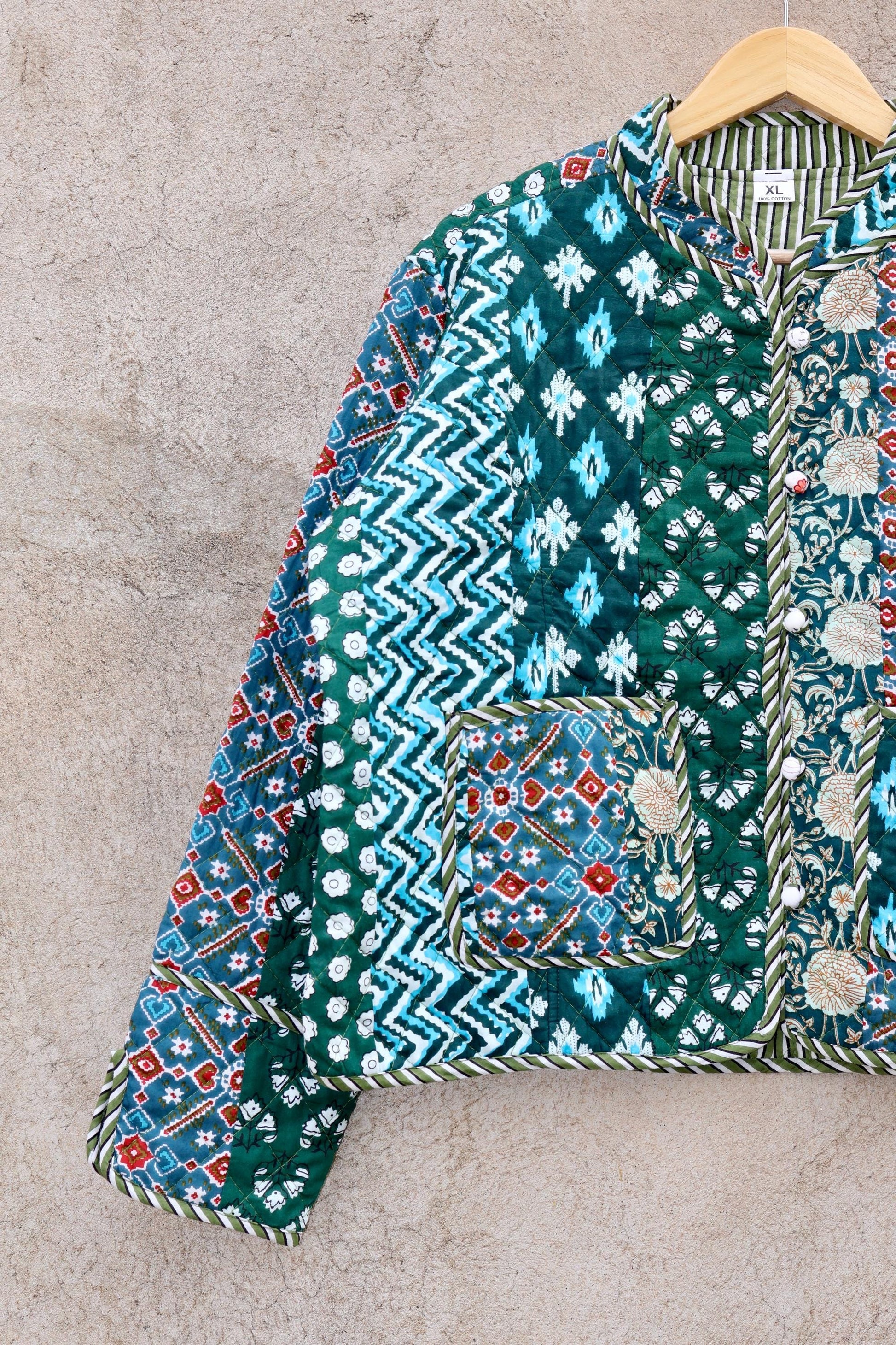 Indian Handmade Cotton Kantha Patchwork Quilted Jacket/Coat Block print Women's Reversible Clothing Kimono Vintage Valentine Gift for Her
