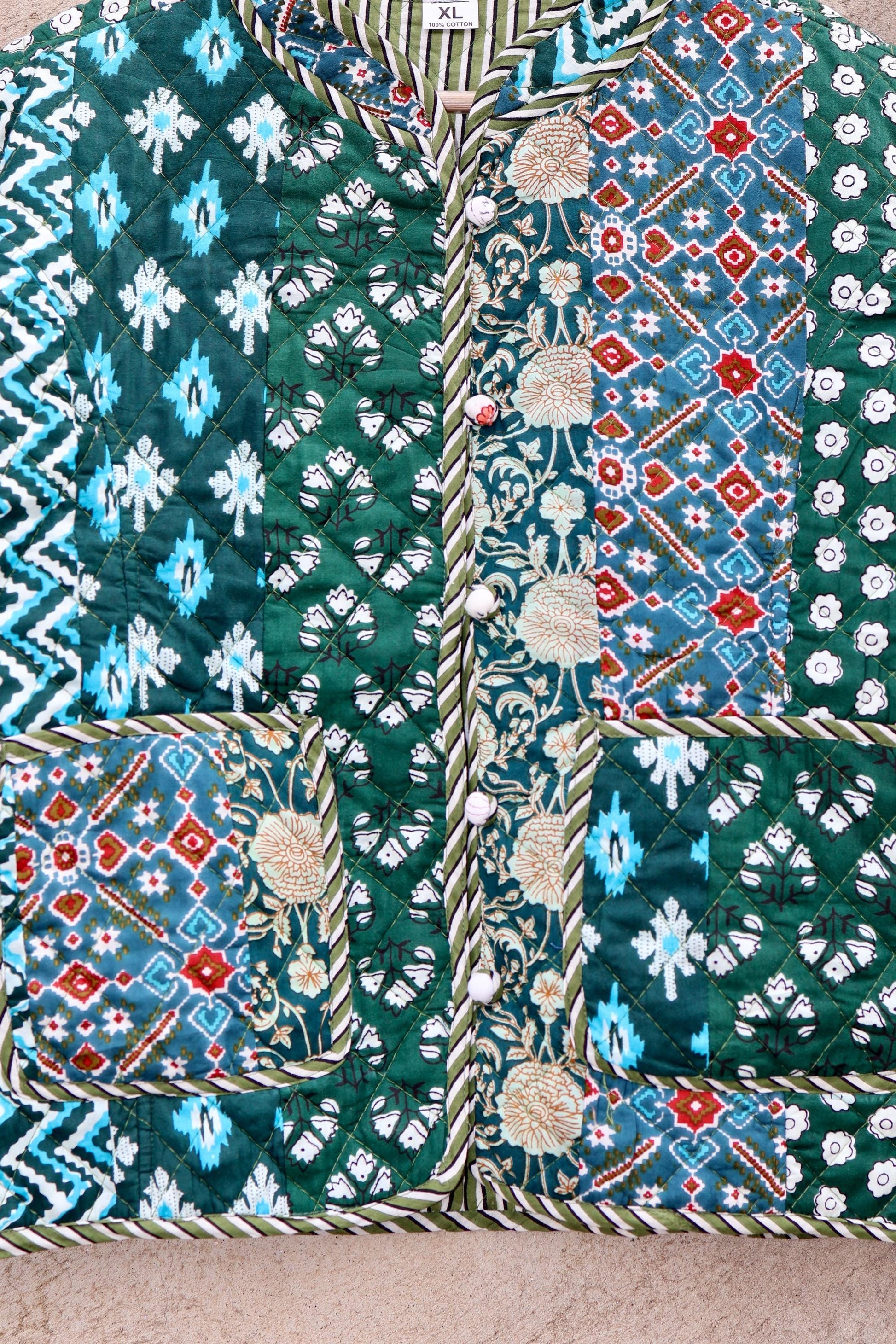 Indian Handmade Cotton Kantha Patchwork Quilted Jacket/Coat Block print Women's Reversible Clothing Kimono Vintage Valentine Gift for Her