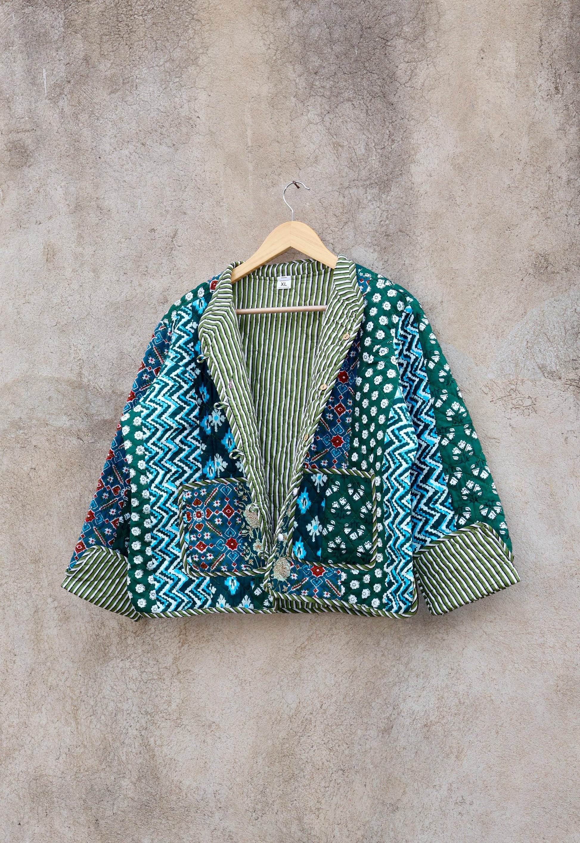 Indian Handmade Cotton Kantha Patchwork Quilted Jacket/Coat Block print Women's Reversible Clothing Kimono Vintage Valentine Gift for Her