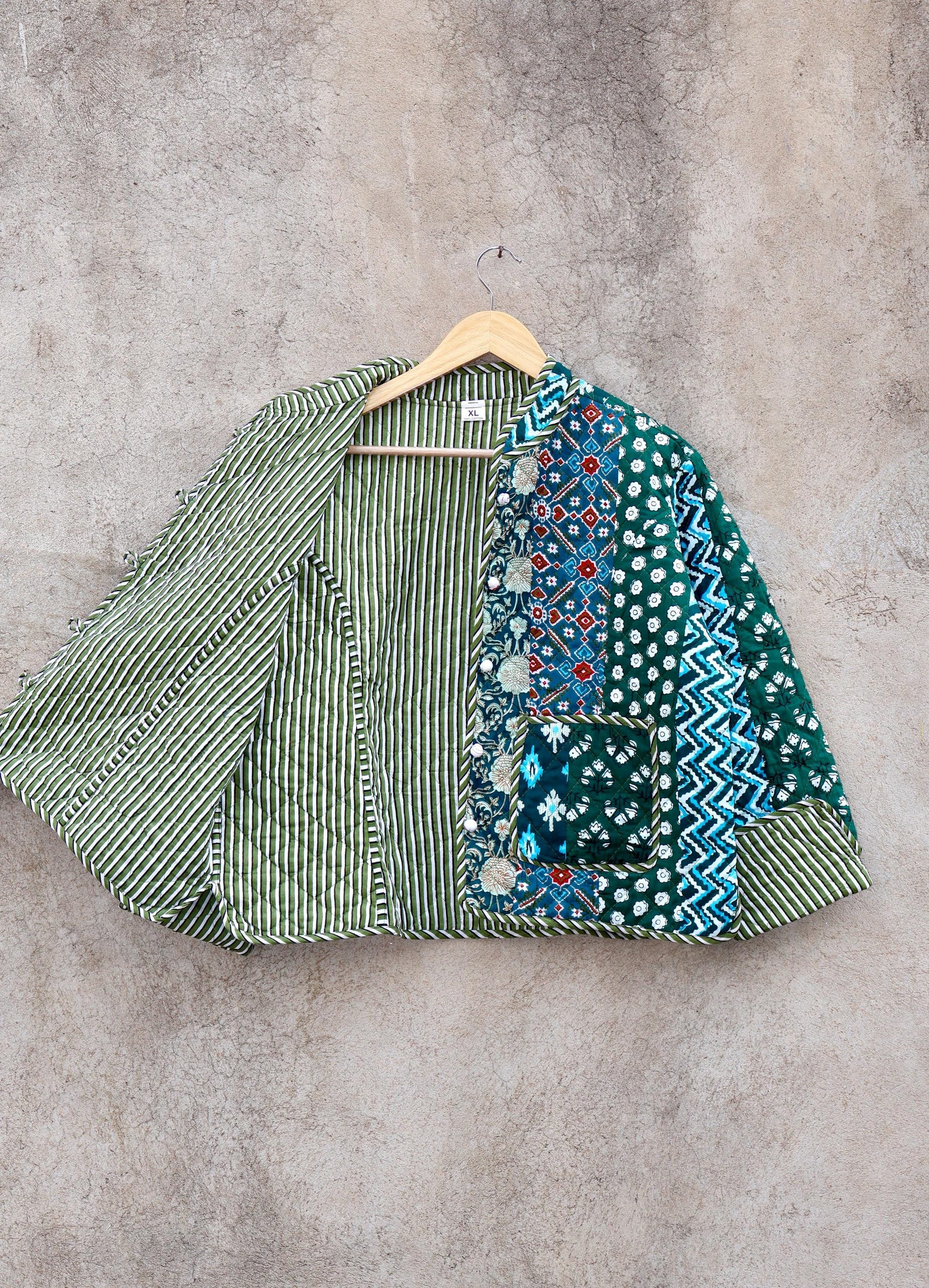 Indian Handmade Cotton Kantha Patchwork Quilted Jacket/Coat Block print Women's Reversible Clothing Kimono Vintage Valentine Gift for Her