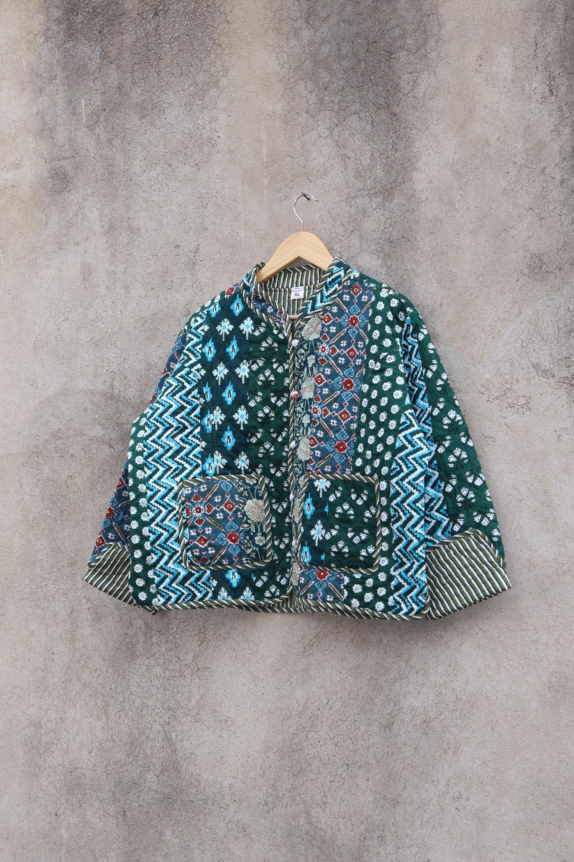 Indian Handmade Cotton Kantha Patchwork Quilted Jacket/Coat Block print Women's Reversible Clothing Kimono Vintage Valentine Gift for Her