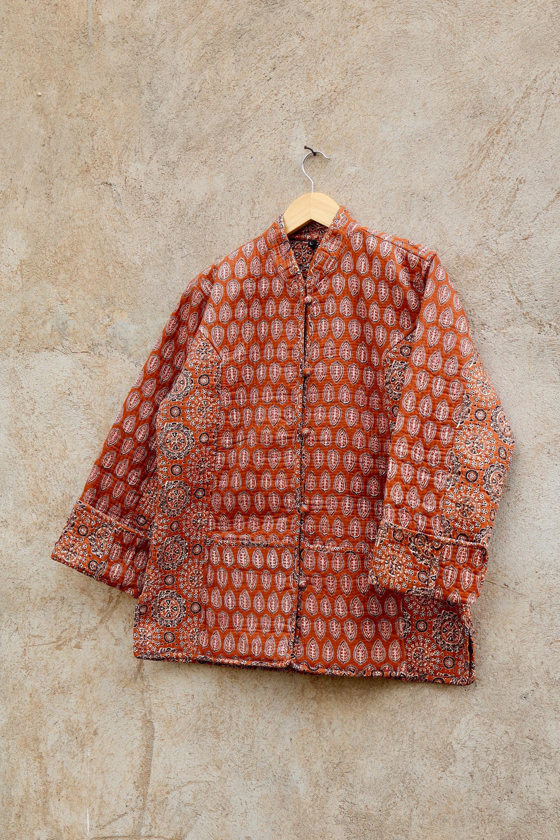 Indian Hand Block Printed Cotton Quilted Jacket, Kantha Kimono Robe, Vintage Boho Kimono Style Women's Coat, Spring Jacket Gift for her