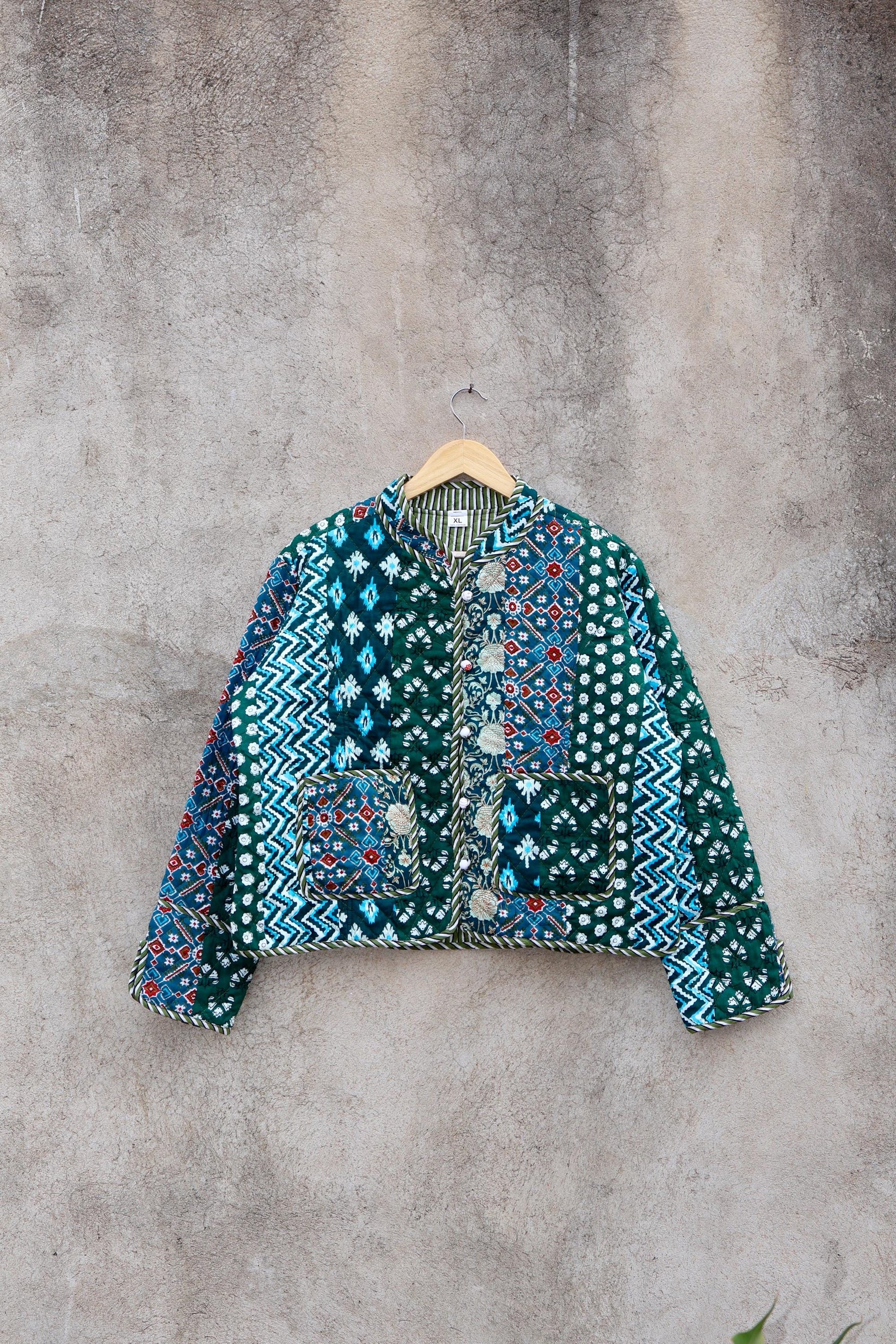 Indian Handmade Cotton Kantha Patchwork Quilted Jacket/Coat Block print Women's Reversible Clothing Kimono Vintage Valentine Gift for Her