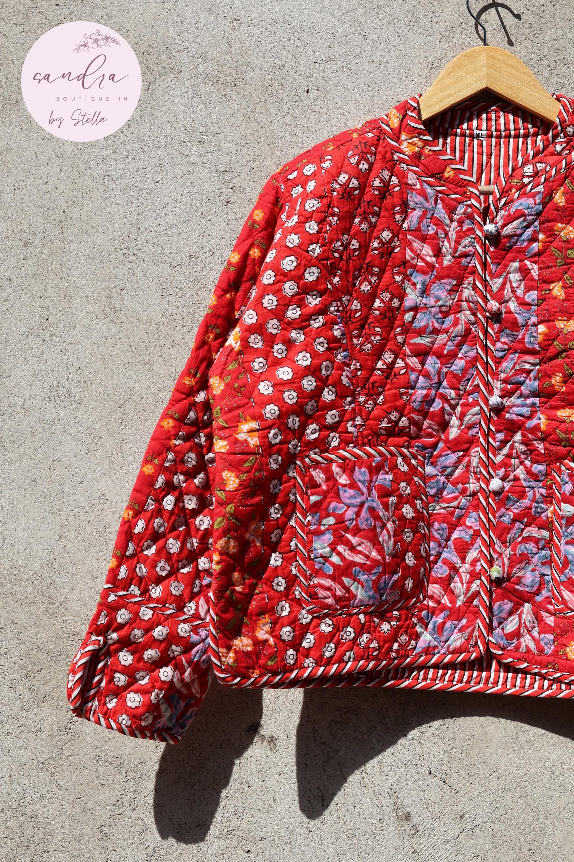 Indian Handmade Quilted Cotton Jacket, Red Patchwork Women's Reversible Coat, Kimono Vintage Boho Fall Jacket, Spring Jacket Gift for Her