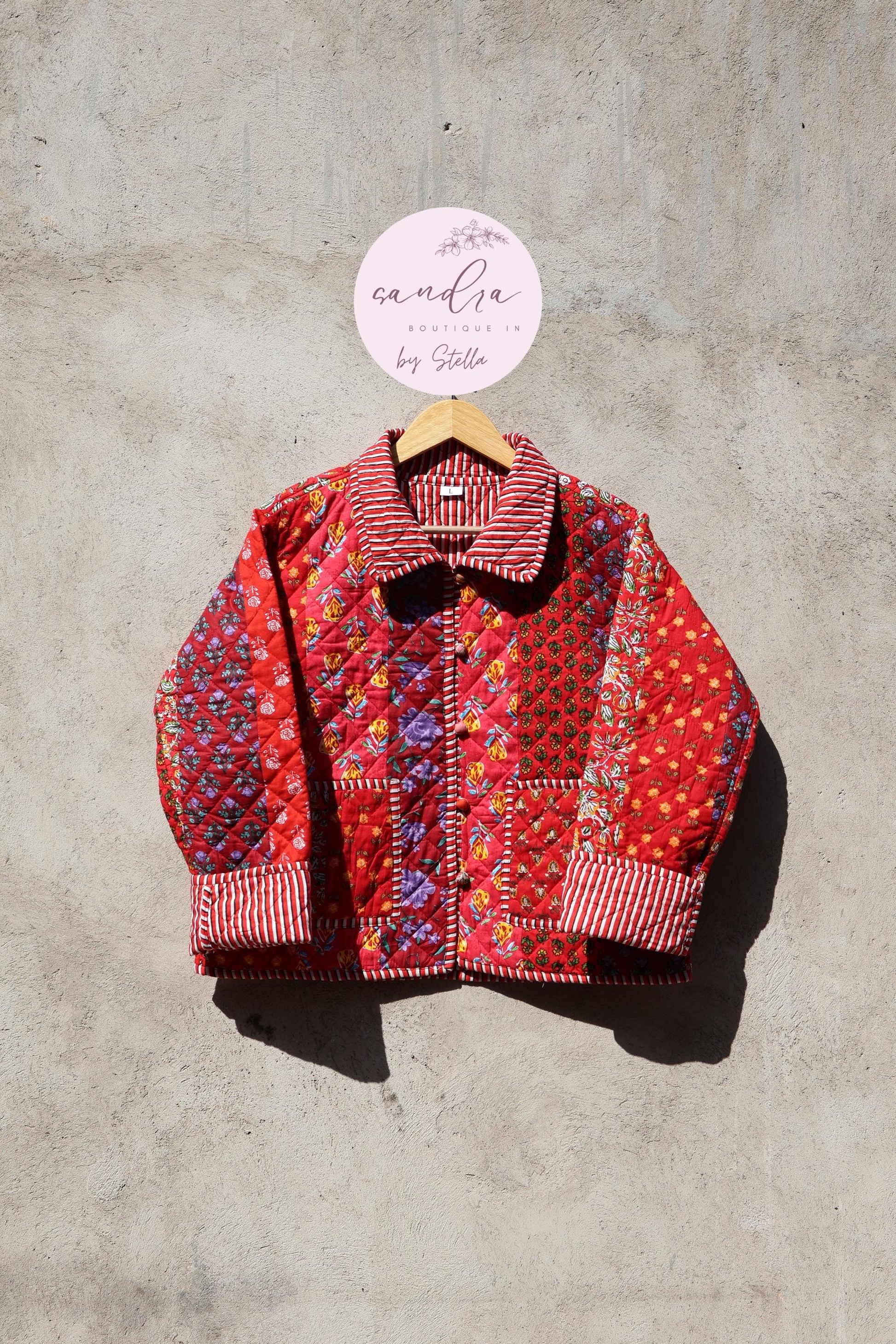 Indian Handmade Quilted Cotton Jacket, Vintage Red Patchwork Women's Reversible Coat, Kimono Vintage Boho Jacket, Spring Jacket Gift for Her