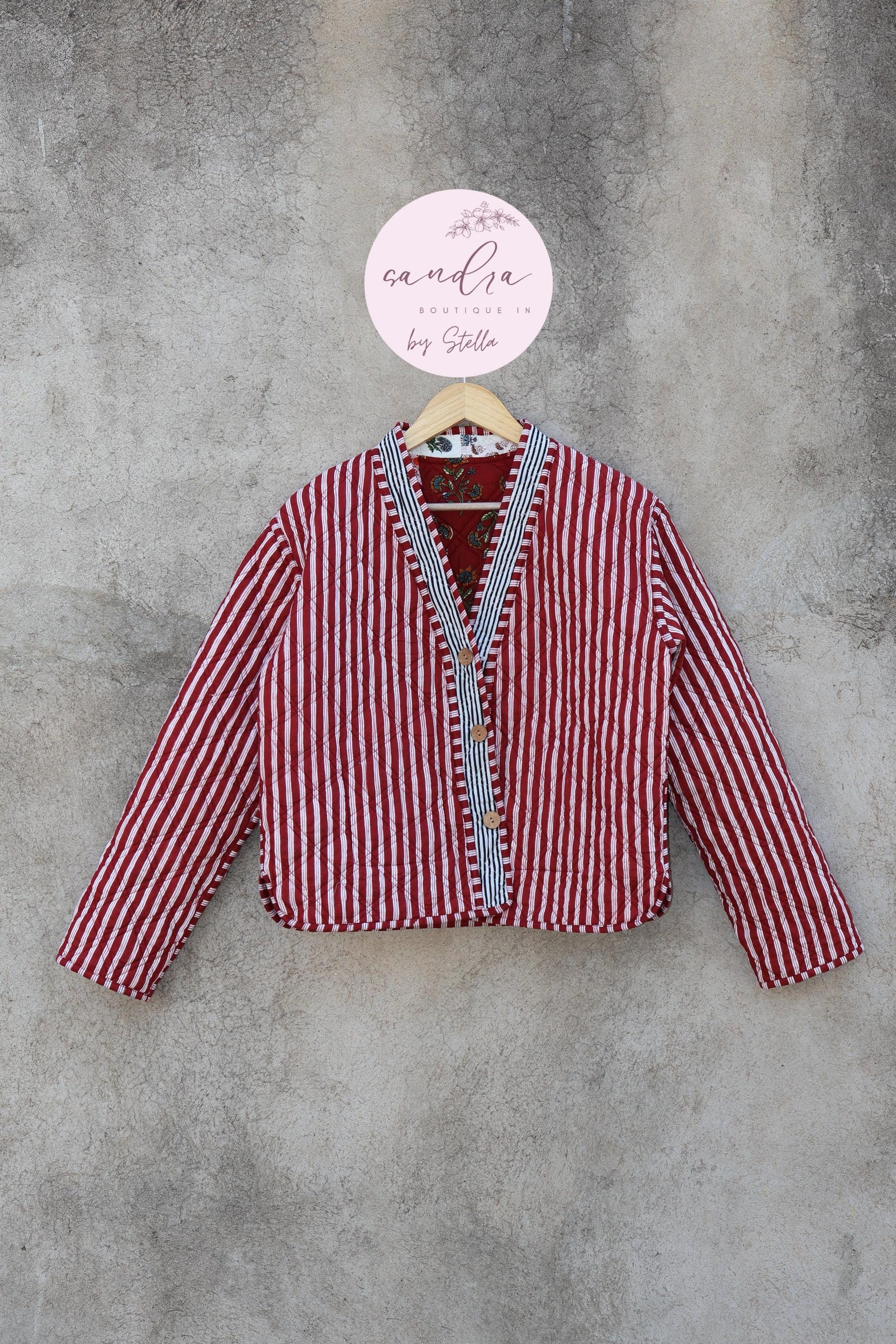 Cotton Quilted Jacket V-Neck New Style Kantha Jacket Hand Block Print Floral Indian Women's Clothing Coat, Boho Spring Jacket Gift for Her