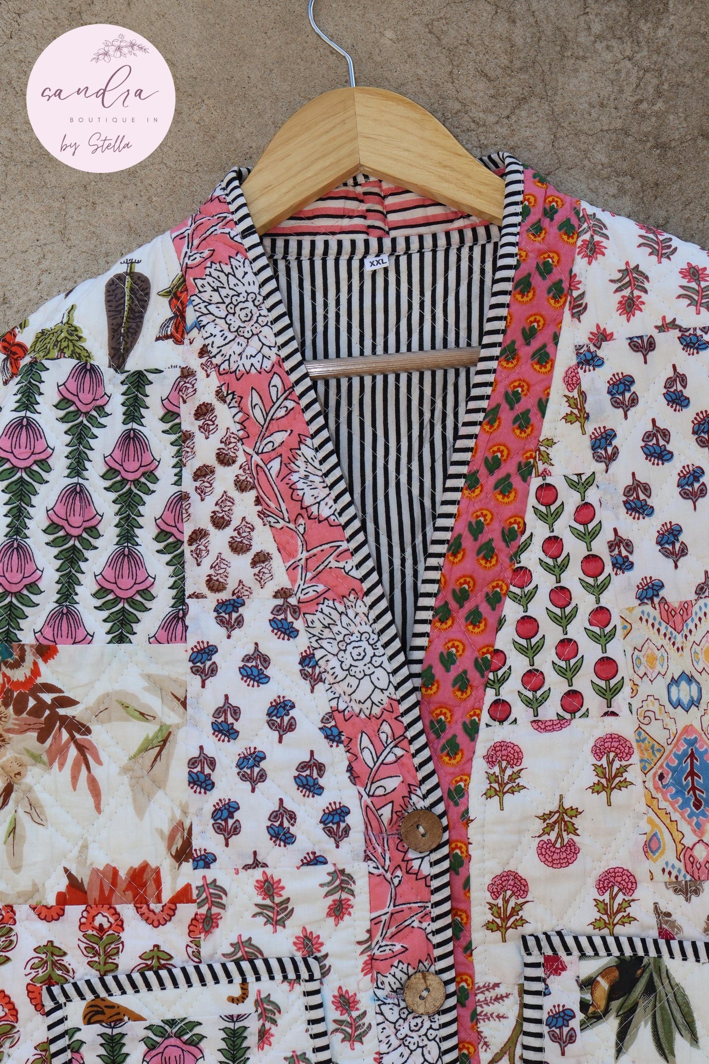 Cotton Quilted Jacket V-Neck New Style Kantha Jacket Hand Block Print Floral Indian Women's Clothing Coat, Boho Spring Jacket Gift for Her
