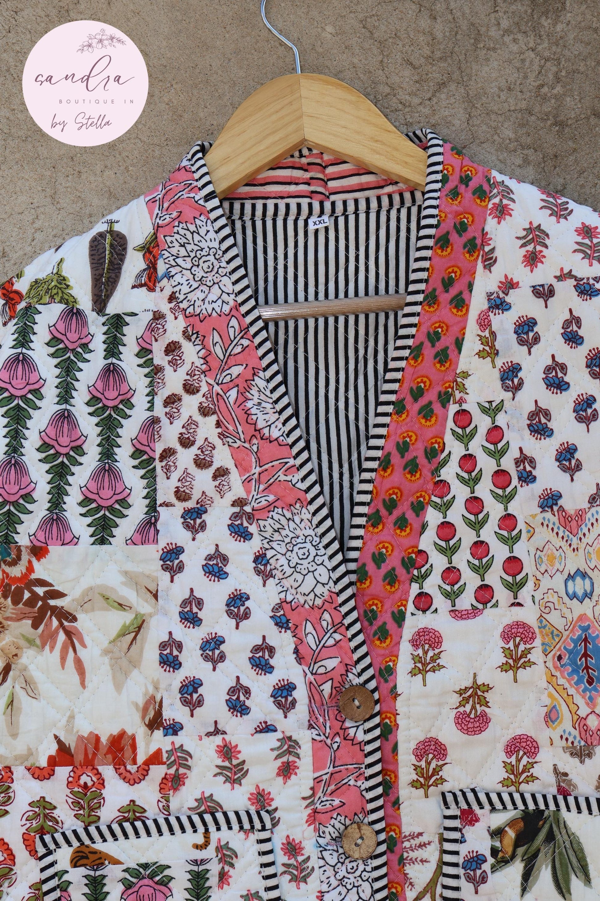 Cotton Quilted Jacket V-Neck New Style Kantha Jacket Hand Block Print Floral Indian Women's Clothing Coat, Boho Spring Jacket Gift for Her