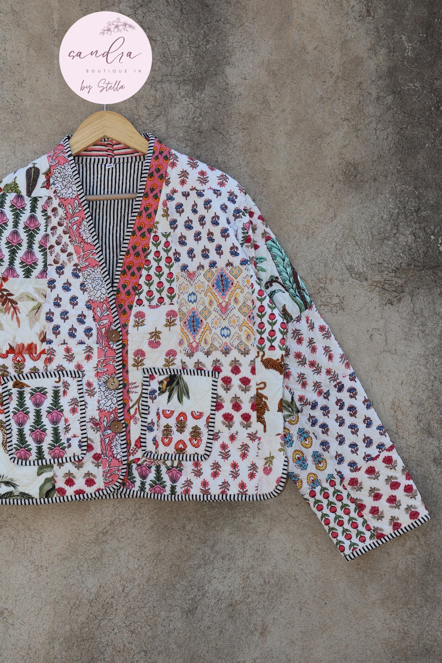 Cotton Quilted Jacket V-Neck New Style Kantha Jacket Hand Block Print Floral Indian Women's Clothing Coat, Boho Spring Jacket Gift for Her