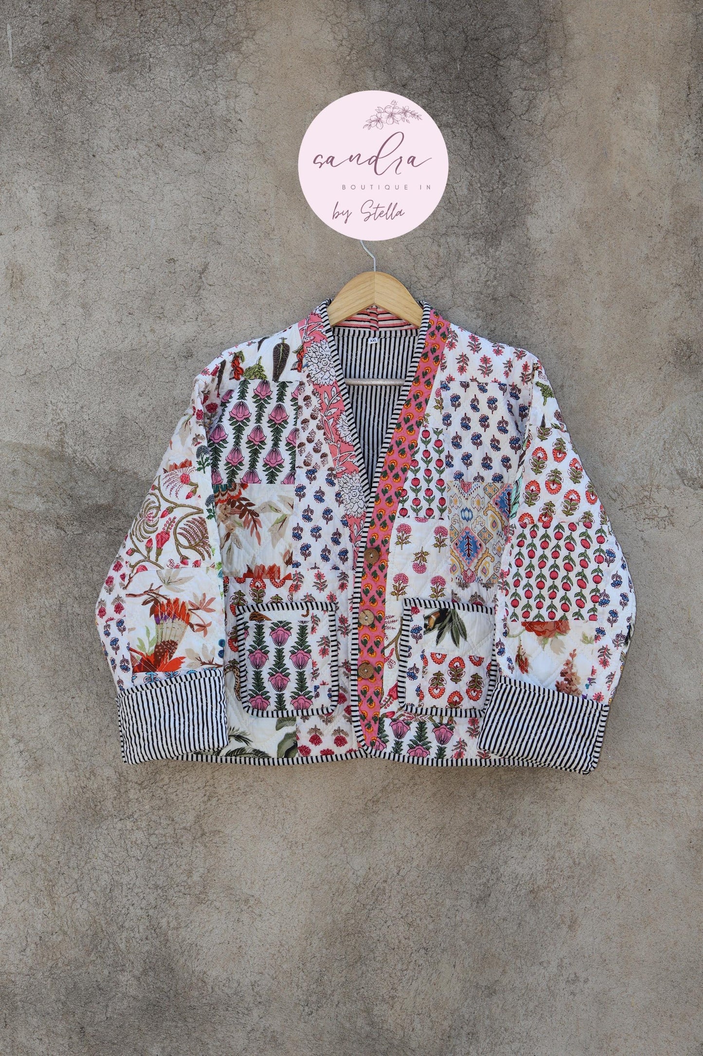 Cotton Quilted Jacket V-Neck New Style Kantha Jacket Hand Block Print Floral Indian Women's Clothing Coat, Boho Spring Jacket Gift for Her