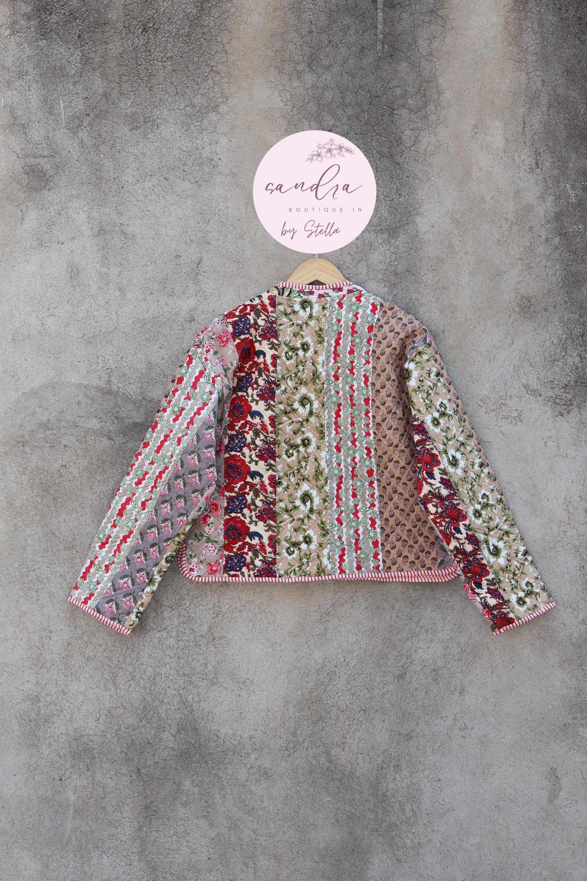 Cotton Quilted Jacket V-Neck New Style Kantha Jacket Hand Block Print Floral Indian Women's Clothing Coat, Boho Spring Jacket Gift for Her