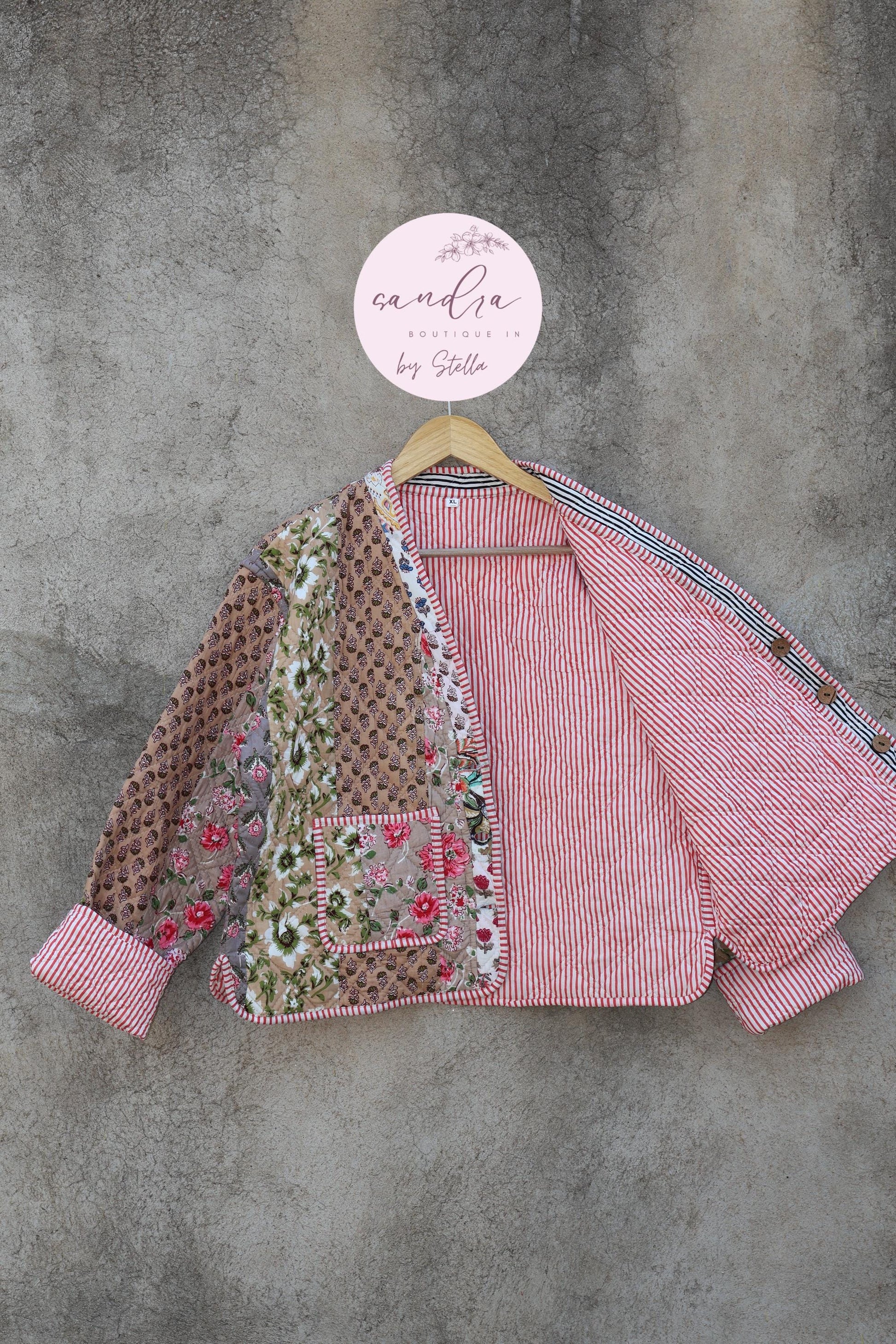 Cotton Quilted Jacket V-Neck New Style Kantha Jacket Hand Block Print Floral Indian Women's Clothing Coat, Boho Spring Jacket Gift for Her