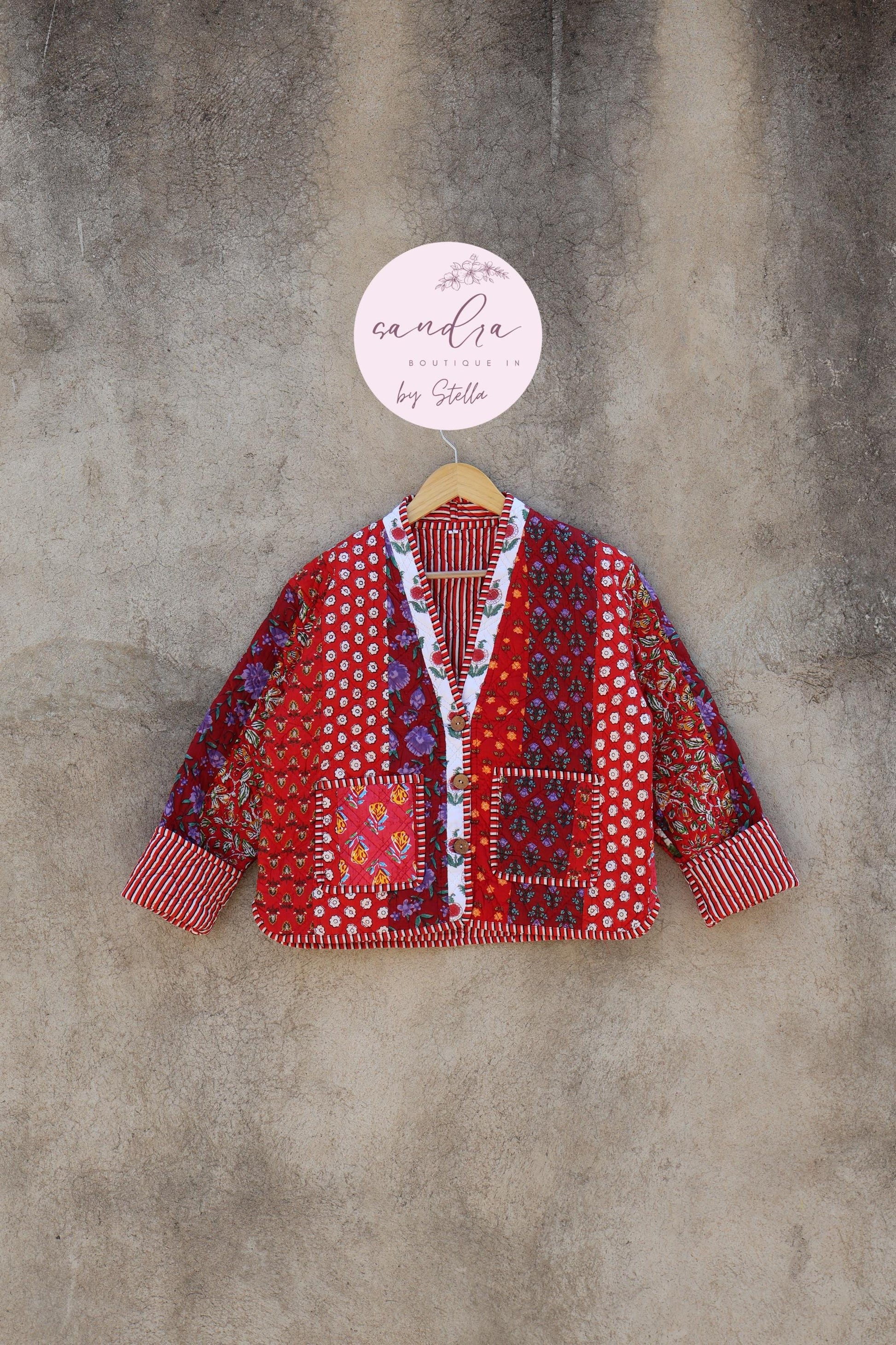 Cotton Quilted Jacket V-Neck New Style Kantha Jacket Hand Block Print Floral Indian Women's Clothing Coat, Boho Spring Jacket Gift for Her