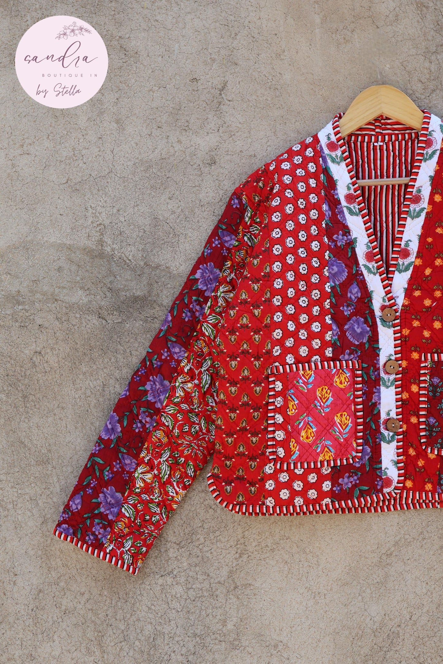 Cotton Quilted Jacket V-Neck New Style Kantha Jacket Hand Block Print Floral Indian Women's Clothing Coat, Boho Spring Jacket Gift for Her