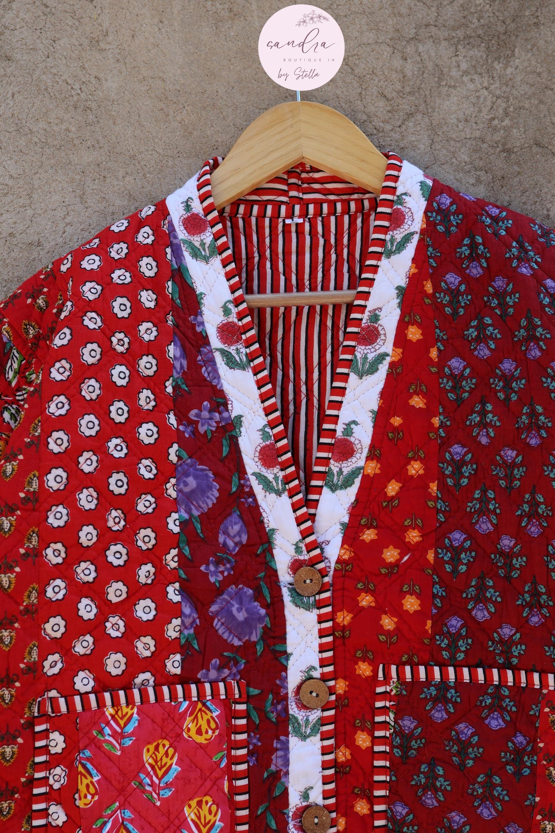 Cotton Quilted Jacket V-Neck New Style Kantha Jacket Hand Block Print Floral Indian Women's Clothing Coat, Boho Spring Jacket Gift for Her