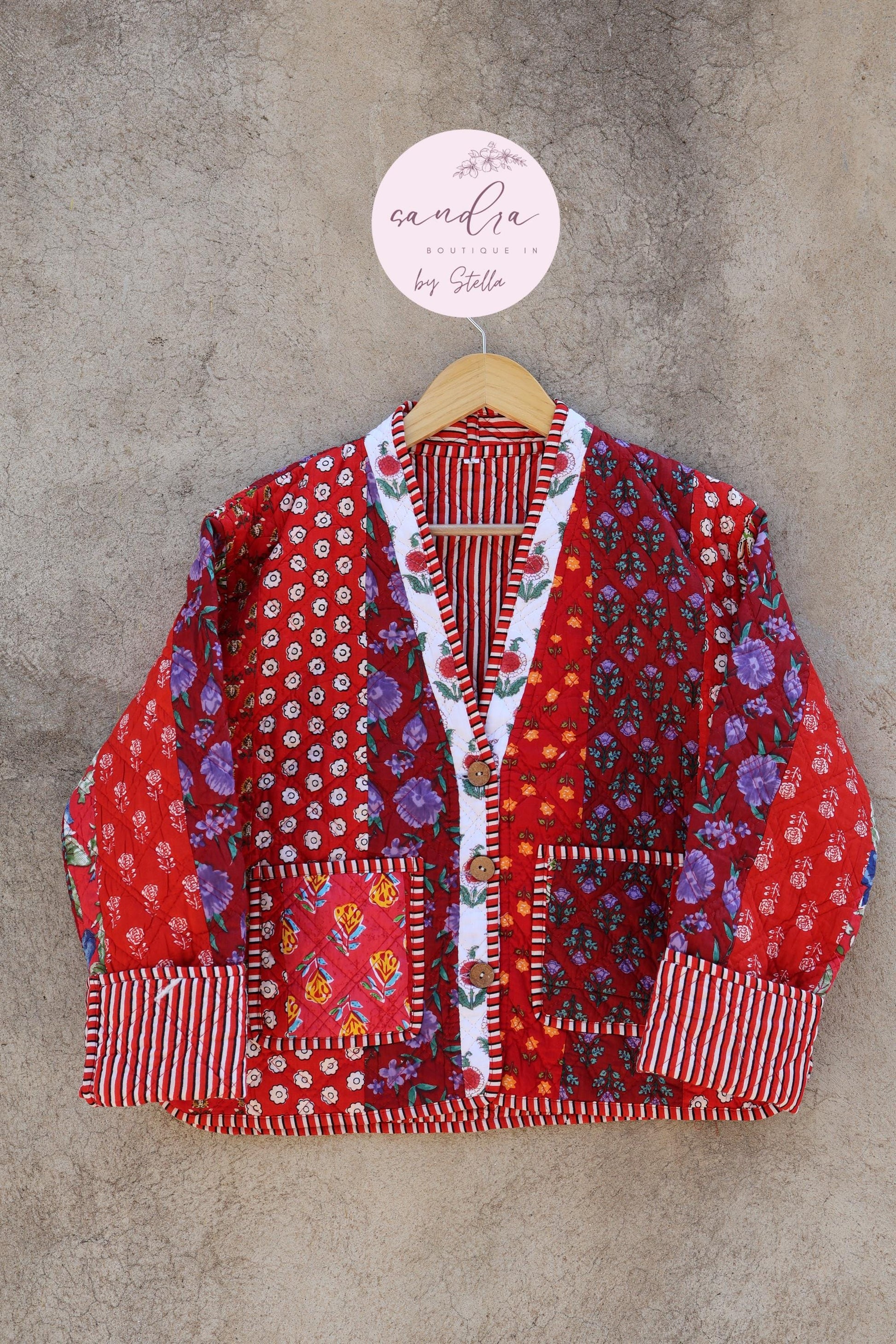 Cotton Quilted Jacket V-Neck New Style Kantha Jacket Hand Block Print Floral Indian Women's Clothing Coat, Boho Spring Jacket Gift for Her