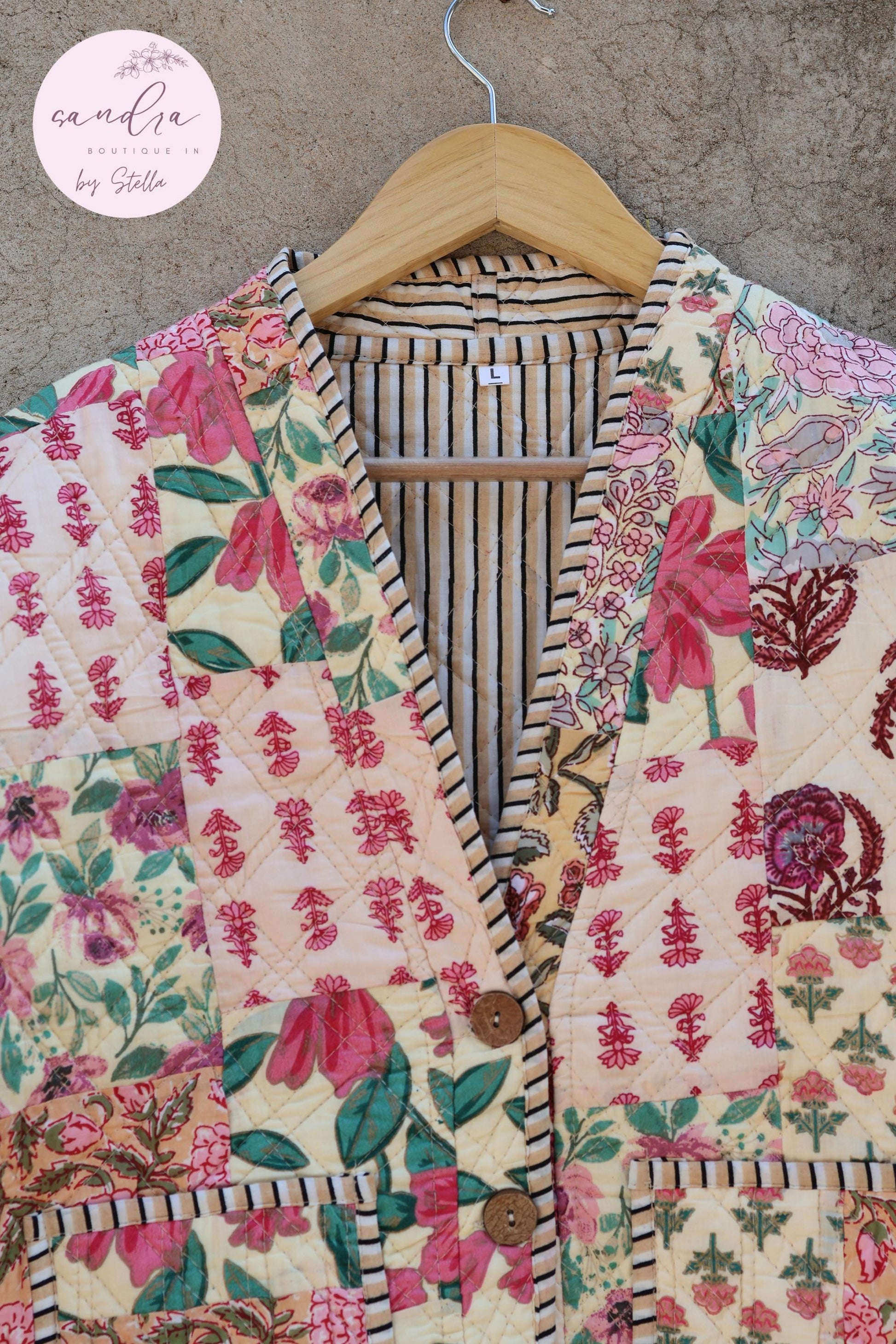 Cotton Quilted Jacket V-Neck New Style Kantha Jacket Hand Block Print Floral Indian Women's Clothing Coat, Boho Spring Jacket Gift for Her