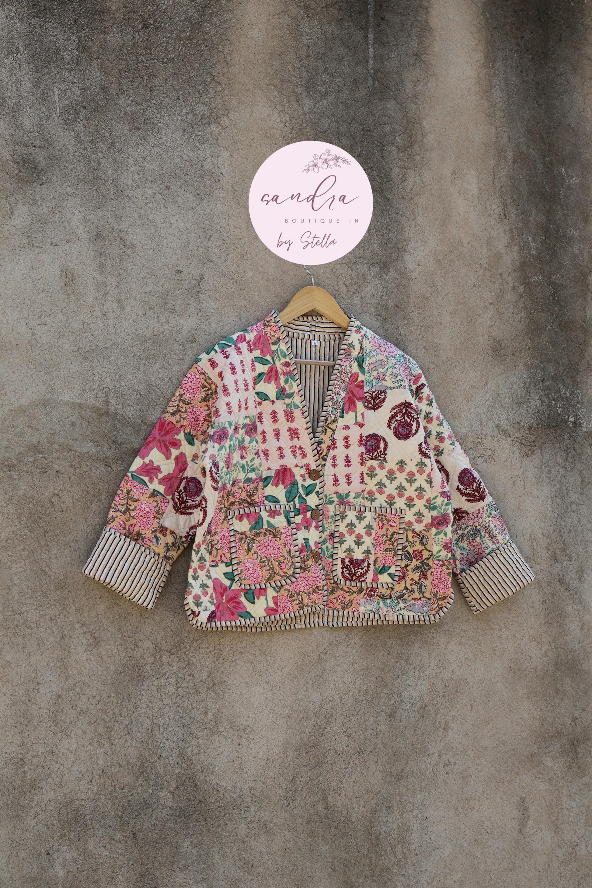 Cotton Quilted Jacket V-Neck New Style Kantha Jacket Hand Block Print Floral Indian Women's Clothing Coat, Boho Spring Jacket Gift for Her