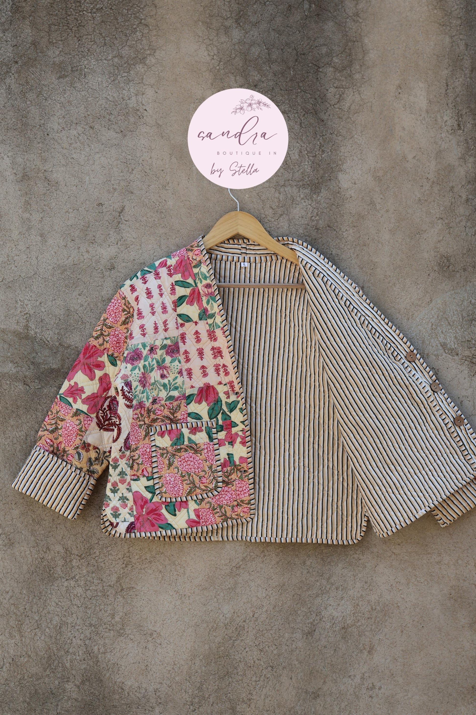 Cotton Quilted Jacket V-Neck New Style Kantha Jacket Hand Block Print Floral Indian Women's Clothing Coat, Boho Spring Jacket Gift for Her