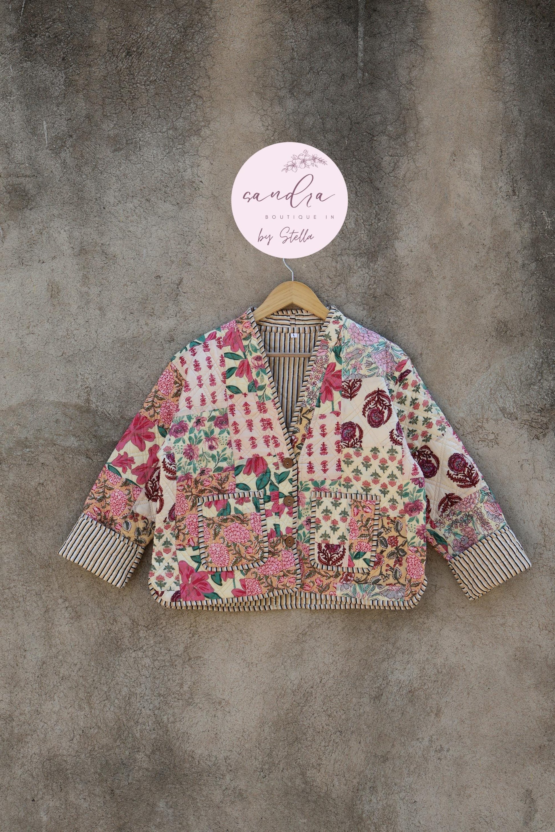 Cotton Quilted Jacket V-Neck New Style Kantha Jacket Hand Block Print Floral Indian Women's Clothing Coat, Boho Spring Jacket Gift for Her