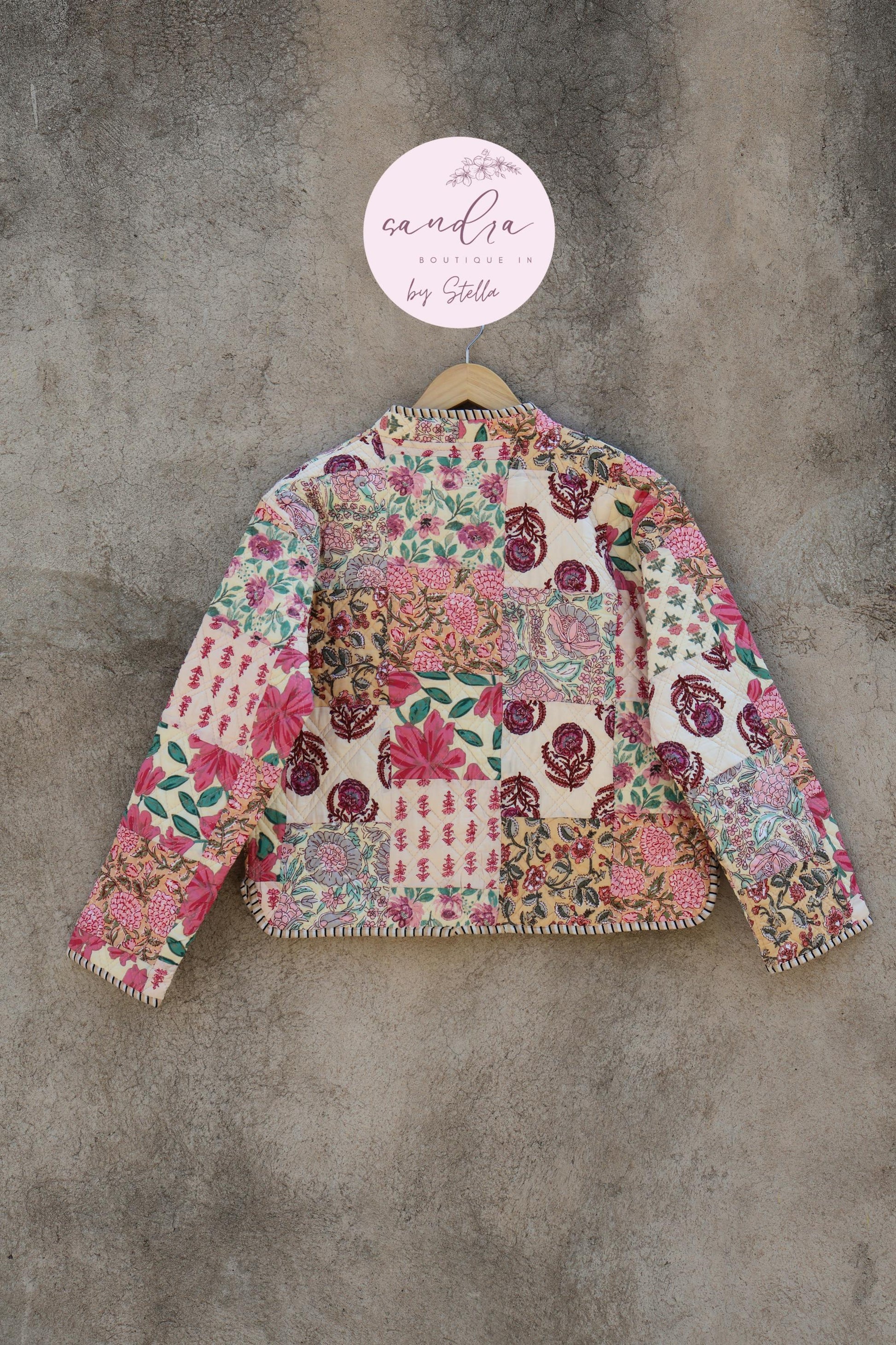 Cotton Quilted Jacket V-Neck New Style Kantha Jacket Hand Block Print Floral Indian Women's Clothing Coat, Boho Spring Jacket Gift for Her