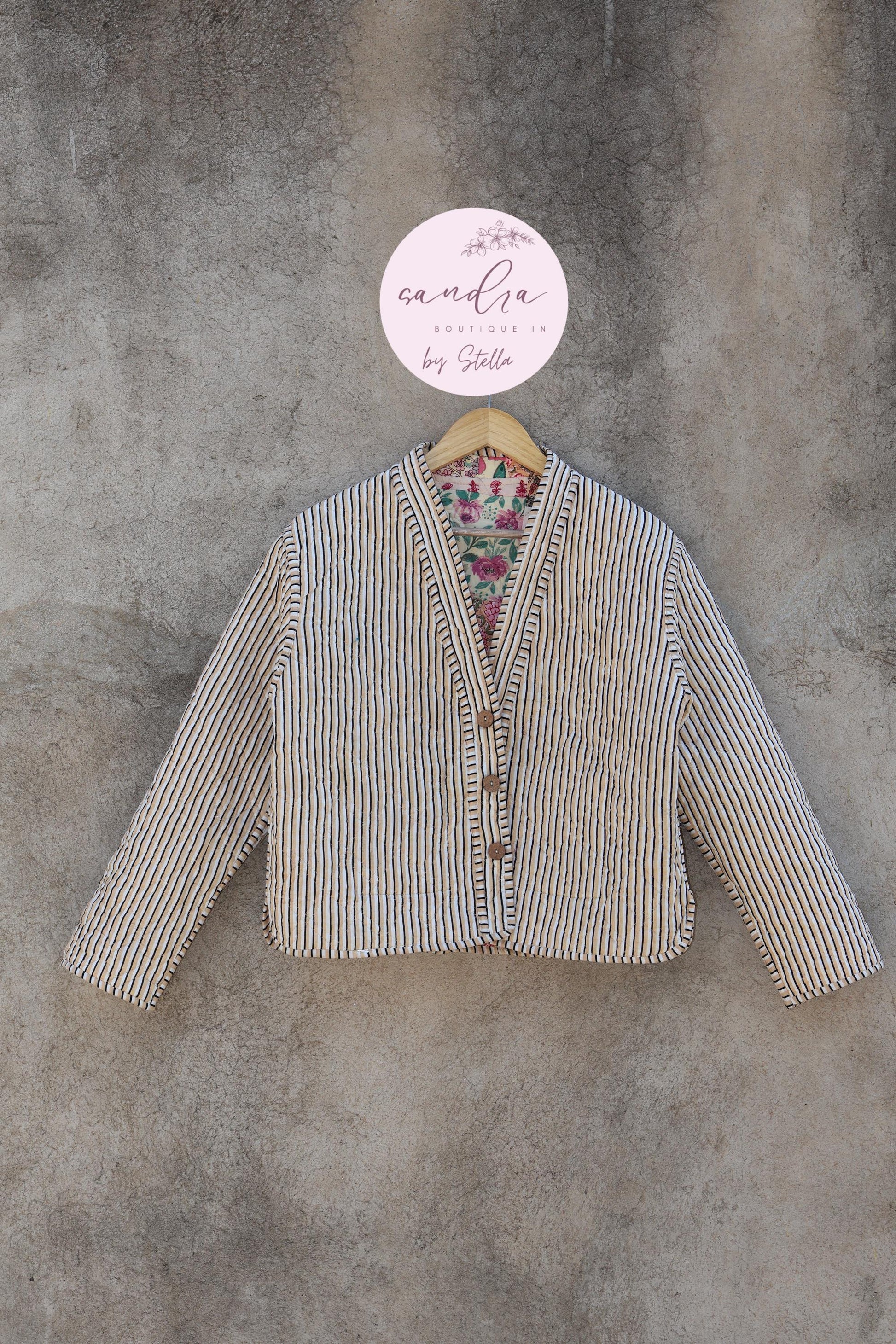 Cotton Quilted Jacket V-Neck New Style Kantha Jacket Hand Block Print Floral Indian Women's Clothing Coat, Boho Spring Jacket Gift for Her