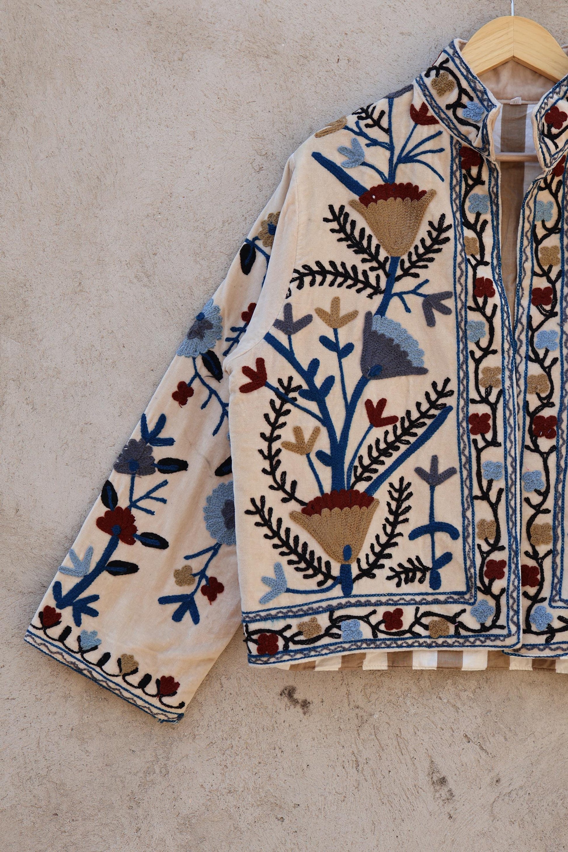Suzani Embroidery Cotton Velvet Jacket, Kimono Jacket Handmade Soft TNT Fabric Jacket, Women's Clothing Coat Boho Jacket Spring Gift for Her