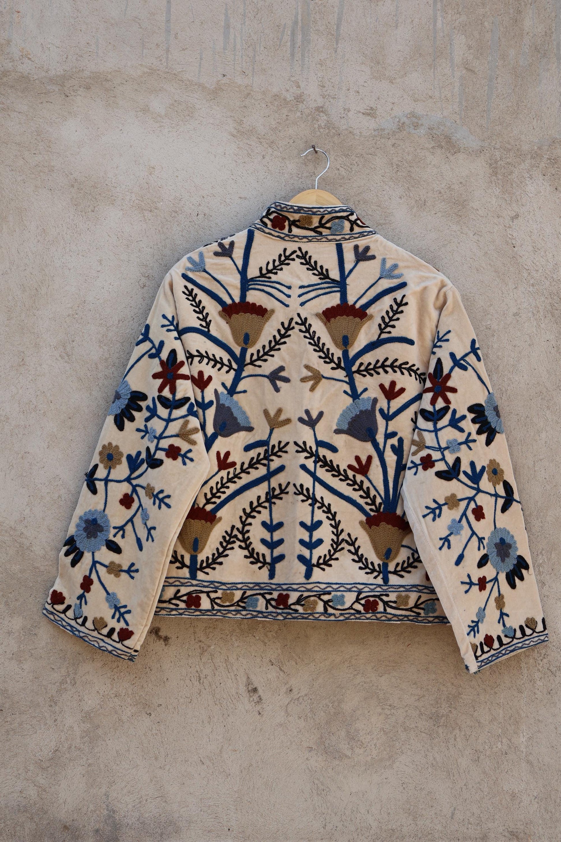 Suzani Embroidery Cotton Velvet Jacket, Kimono Jacket Handmade Soft TNT Fabric Jacket, Women's Clothing Coat Boho Jacket Spring Gift for Her