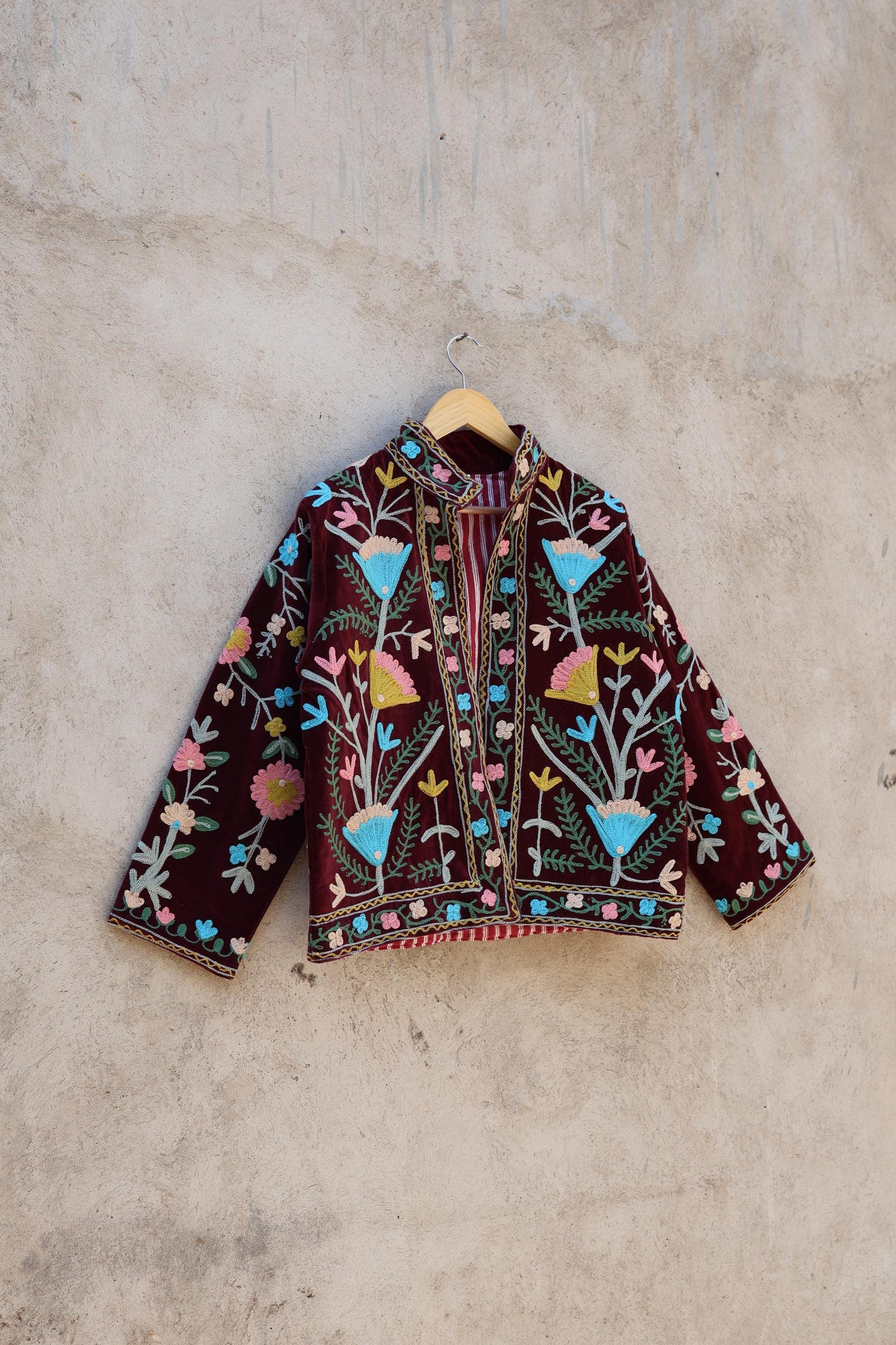 Suzani Embroidery Cotton Velvet Jacket, Kimono Jacket Handmade Soft TNT Fabric Jacket, Women's Clothing Coat Boho Jacket Spring Gift for Her