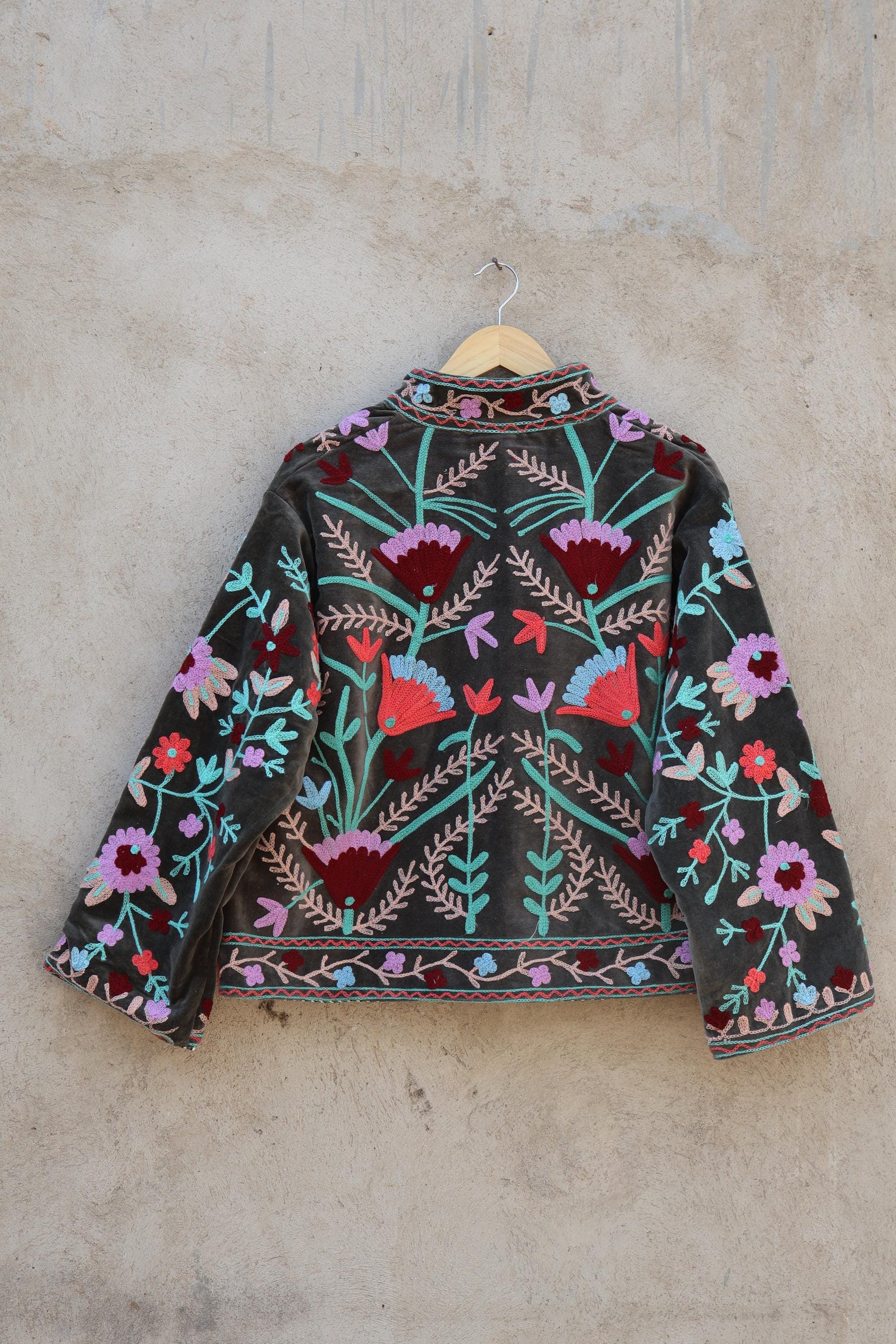 Suzani Embroidery Cotton Velvet Jacket, Kimono Jacket Handmade Soft TNT Fabric Jacket, Women's Clothing Coat Boho Jacket Spring Gift for Her