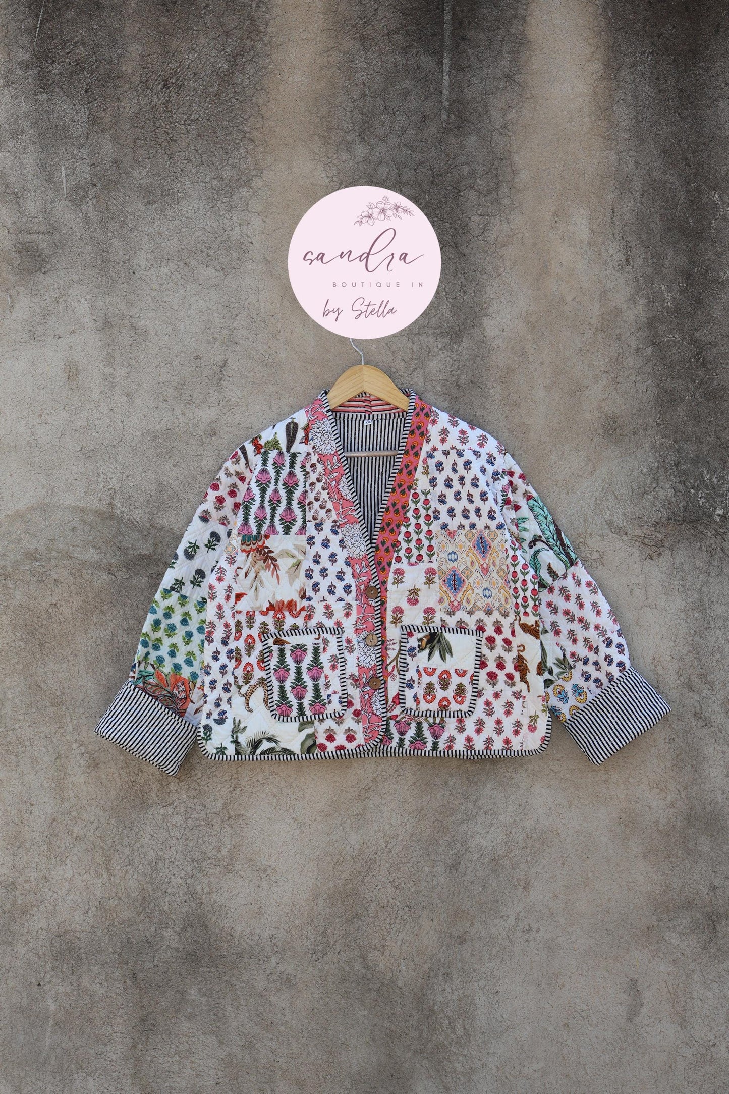 Cotton Quilted Jacket V-Neck New Style Kantha Jacket Hand Block Print Floral Indian Women's Clothing Coat, Boho Spring Jacket Gift for Her