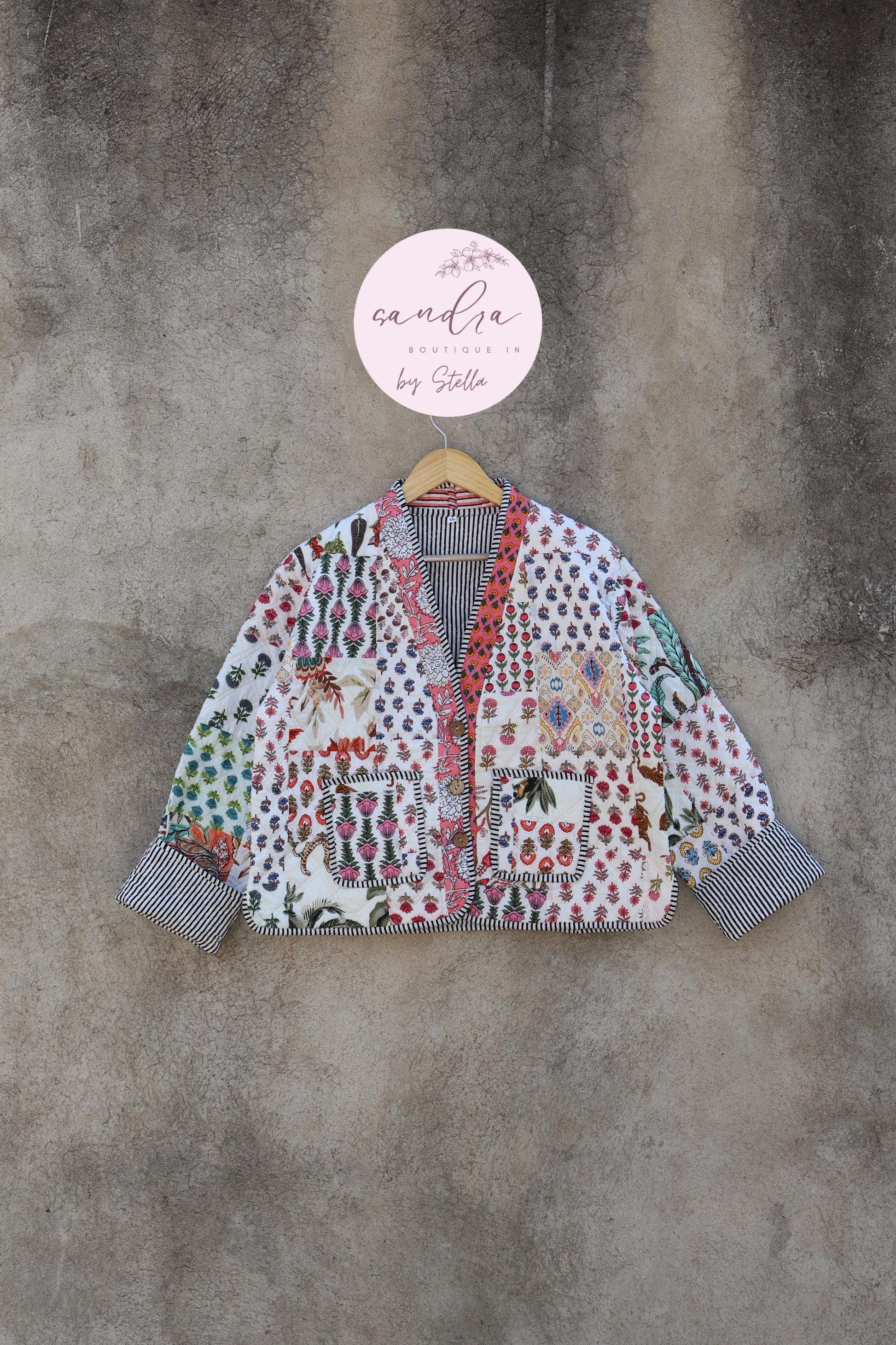 Cotton Quilted Jacket V-Neck New Style Kantha Jacket Hand Block Print Floral Indian Women's Clothing Coat, Boho Spring Jacket Gift for Her