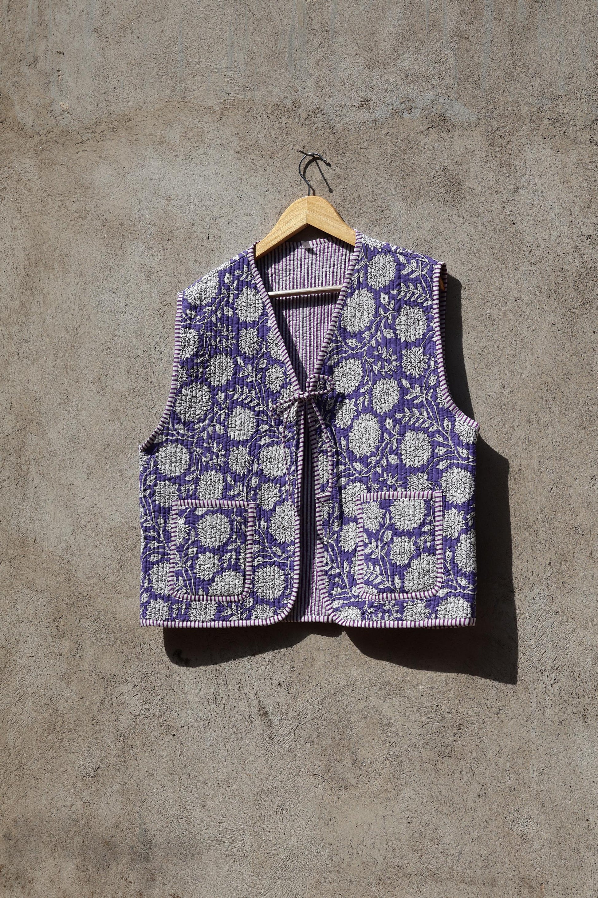 Handmade Cotton Quilted Vest Vintage Indian Purple Floral Kimono Gilet New Style Women's Outerwear Waistcoat Boho Spring Jacket Gift for Her