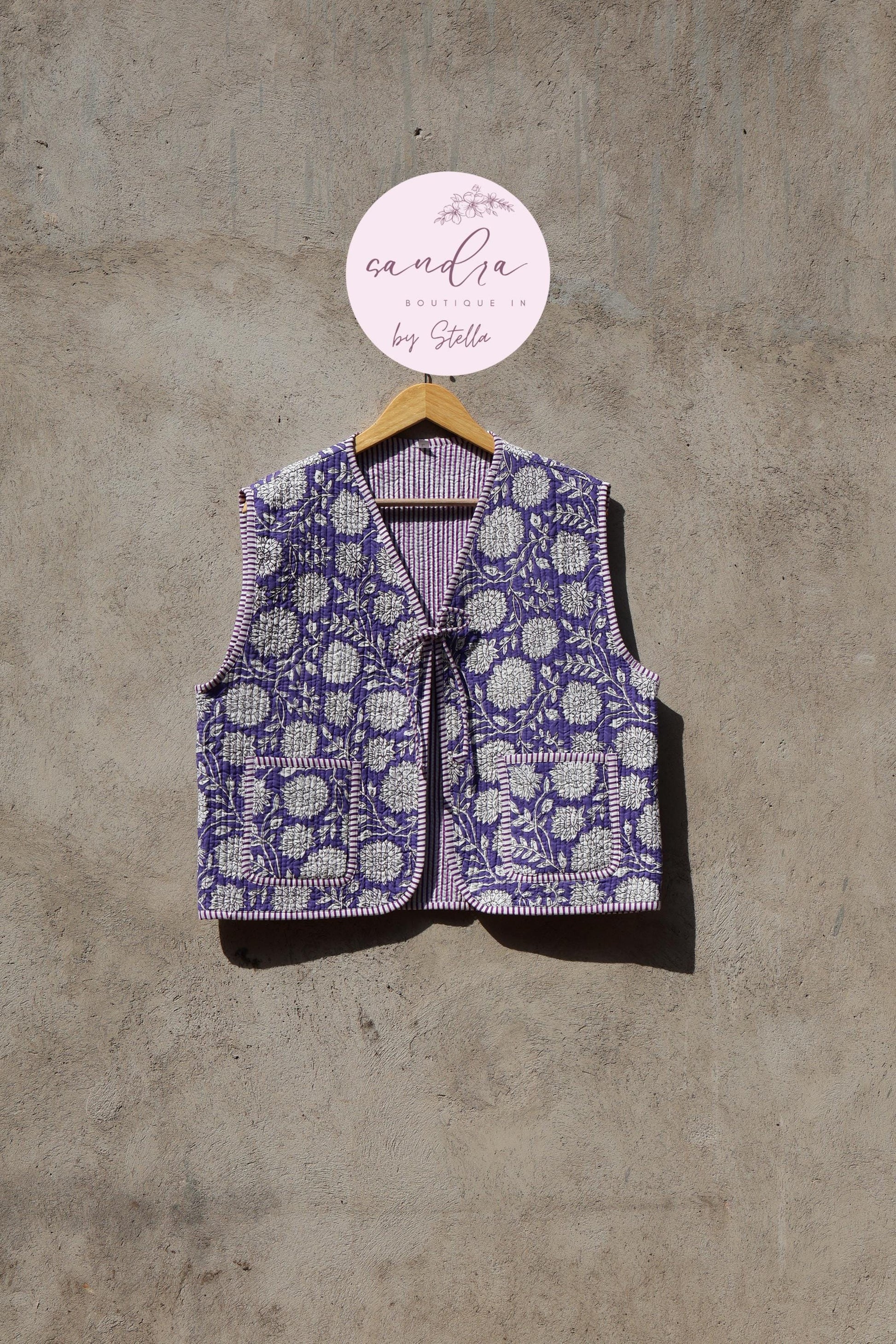 Handmade Cotton Quilted Vest Vintage Indian Purple Floral Kimono Gilet New Style Women's Outerwear Waistcoat Boho Spring Jacket Gift for Her