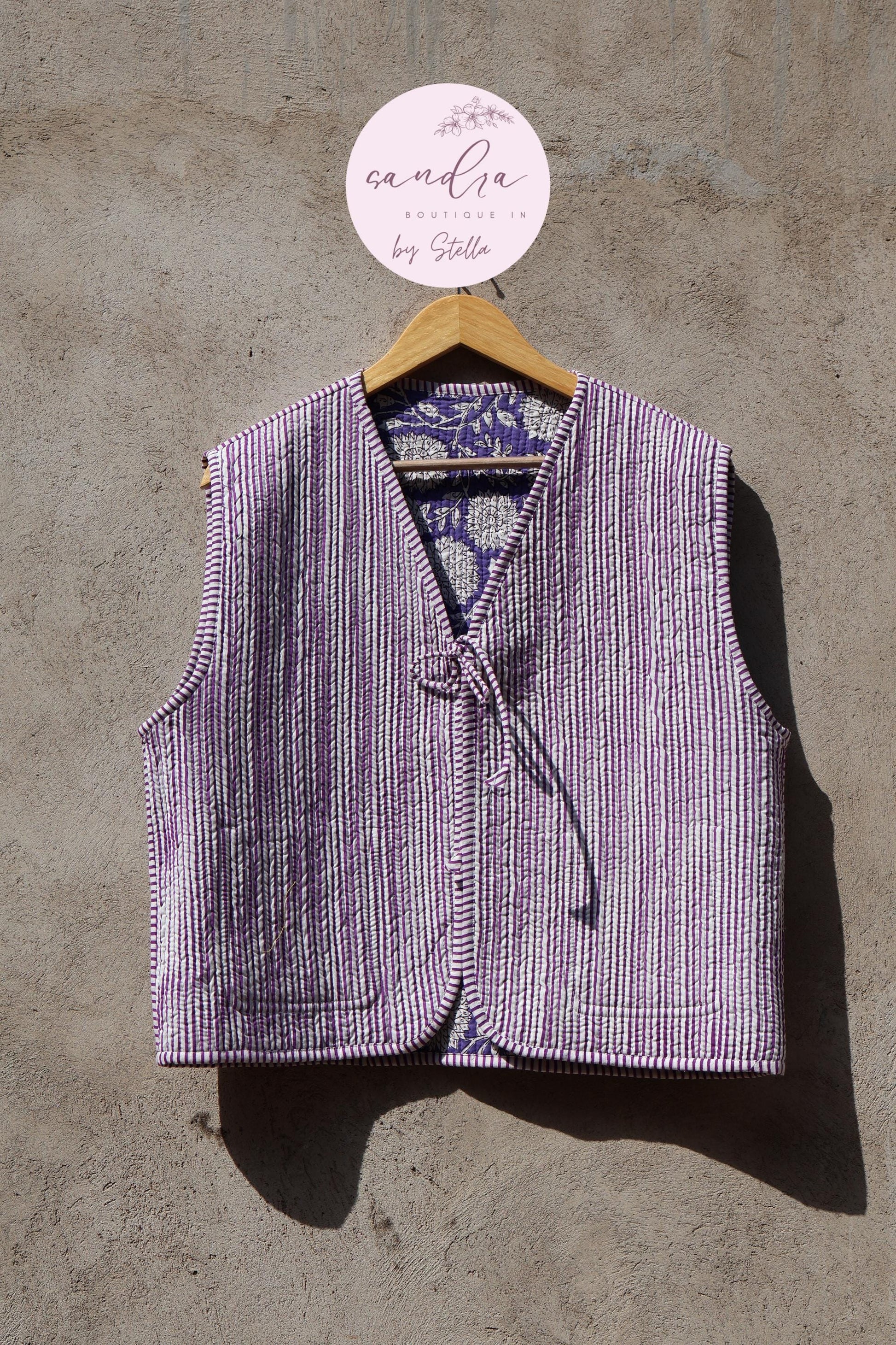 Handmade Cotton Quilted Vest Vintage Indian Purple Floral Kimono Gilet New Style Women's Outerwear Waistcoat Boho Spring Jacket Gift for Her