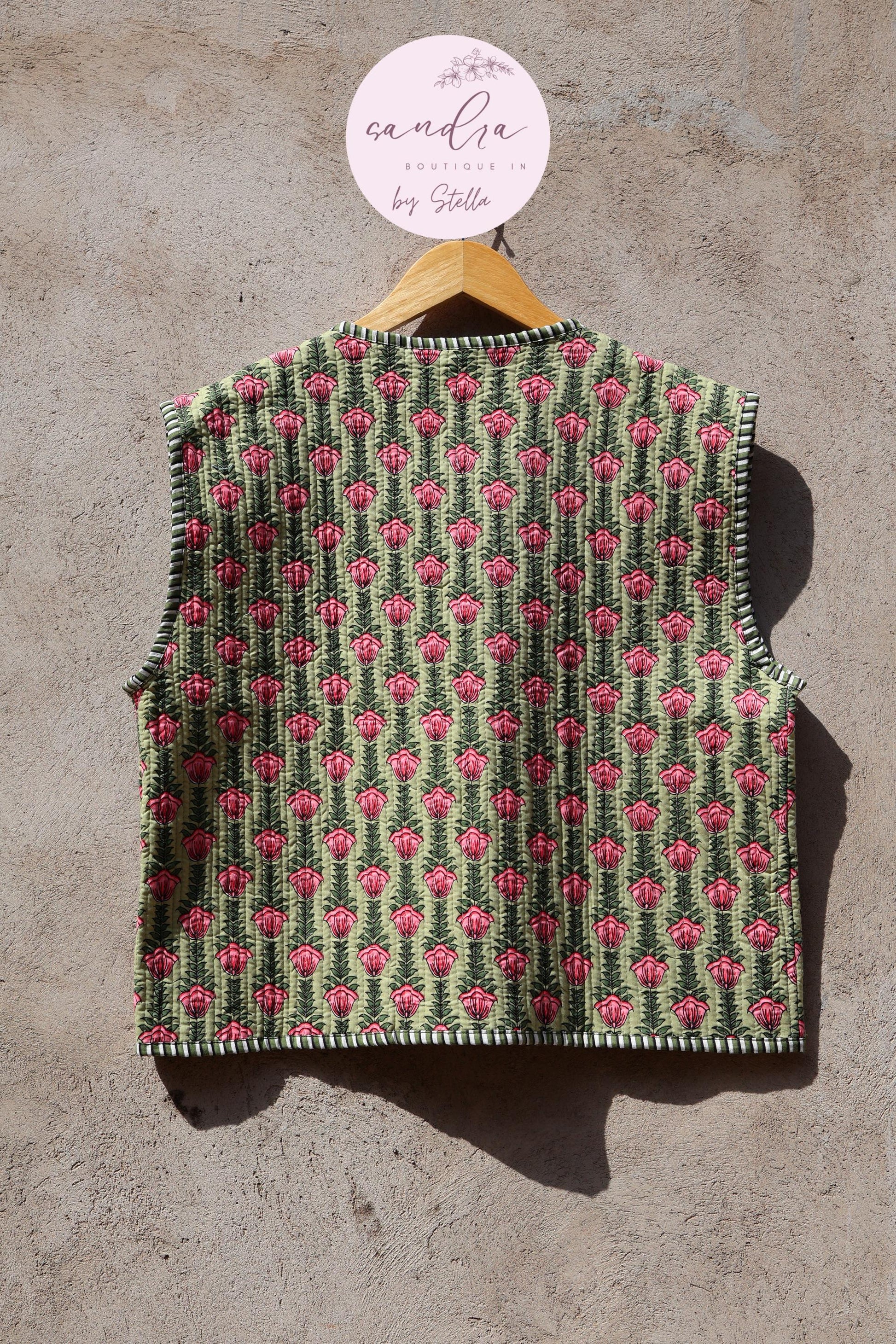 Handmade Cotton Quilted Vest Vintage Indian Green Floral Kimono Gilet New Style Women's Outerwear Waistcoat Boho Spring Jacket Gift for Her