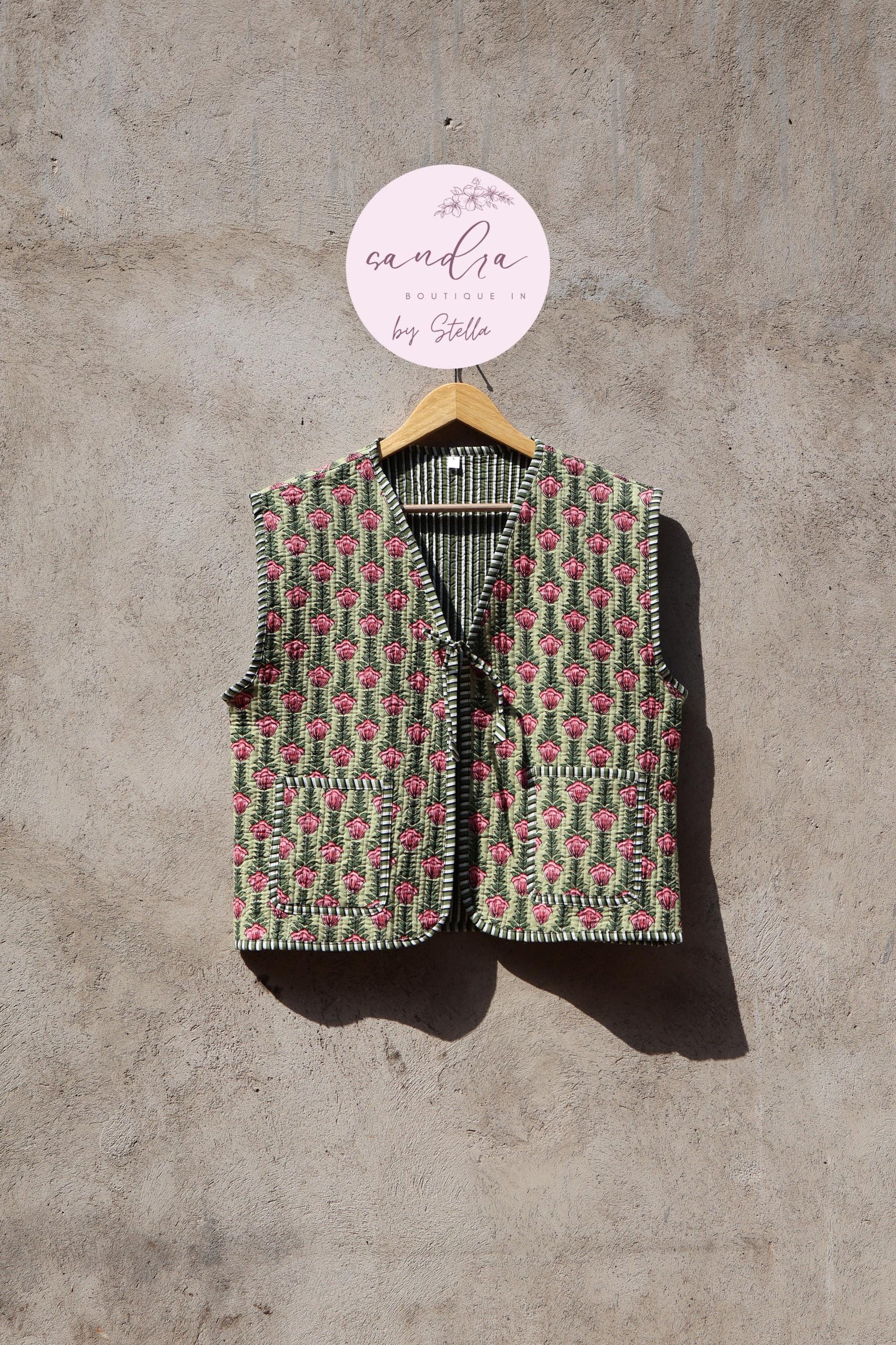 Handmade Cotton Quilted Vest Vintage Indian Green Floral Kimono Gilet New Style Women's Outerwear Waistcoat Boho Spring Jacket Gift for Her