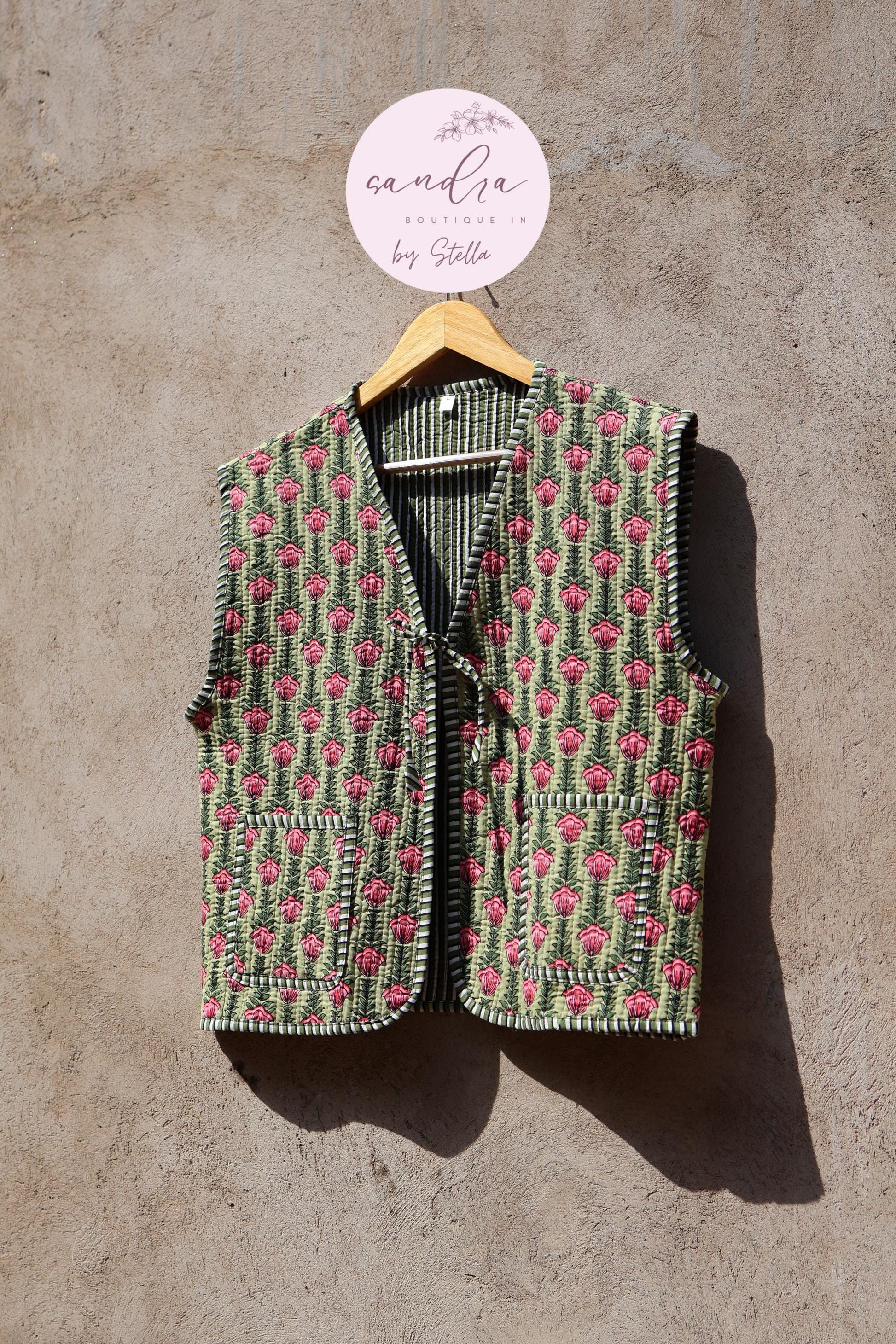 Handmade Cotton Quilted Vest Vintage Indian Green Floral Kimono Gilet New Style Women's Outerwear Waistcoat Boho Spring Jacket Gift for Her