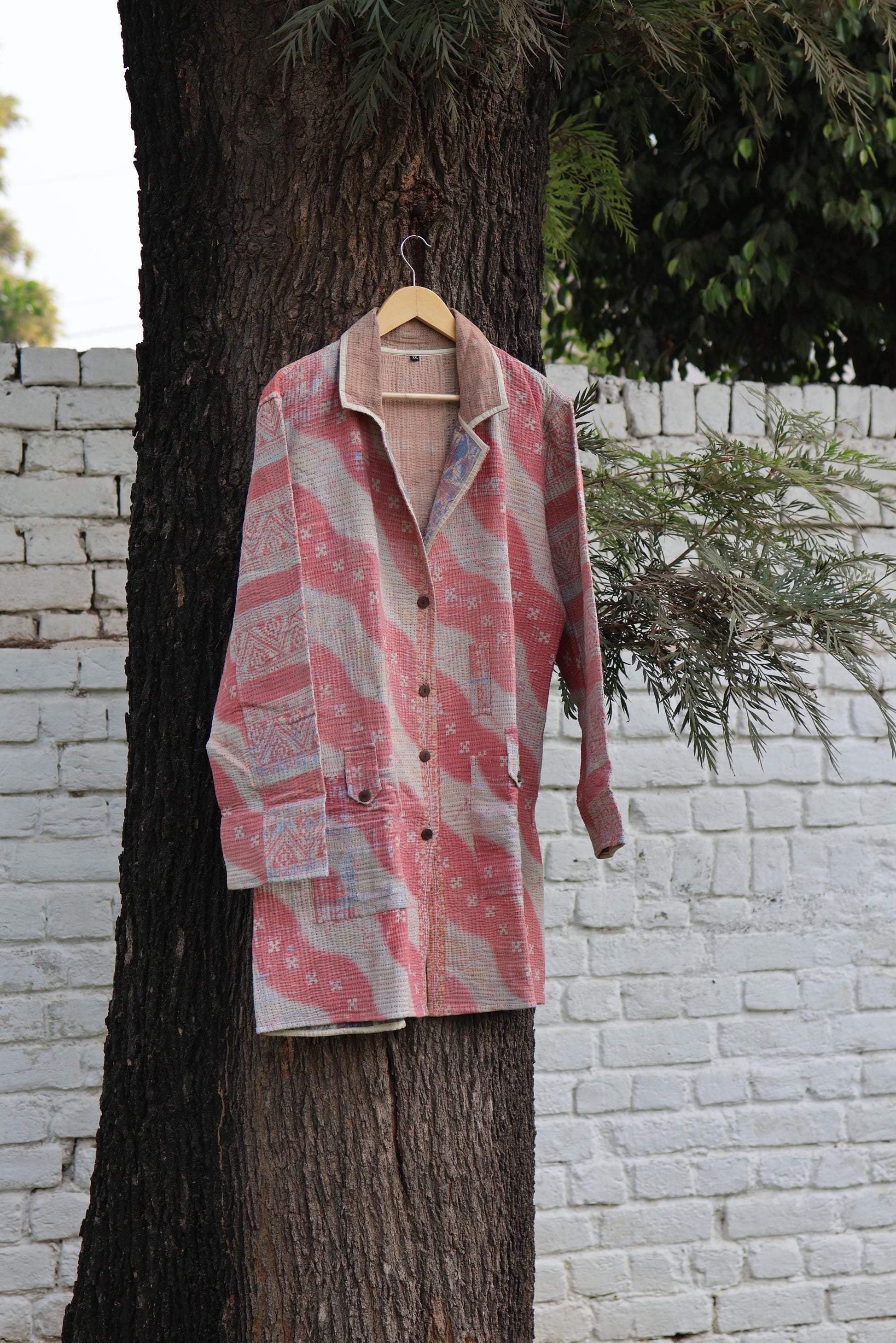 Handmade Vintage Kantha Quilt Coat for Women - Unique Bohemian Outerwear from Recycled Indian Quilts, One-off Ethnic style Up-Cycled Jacket