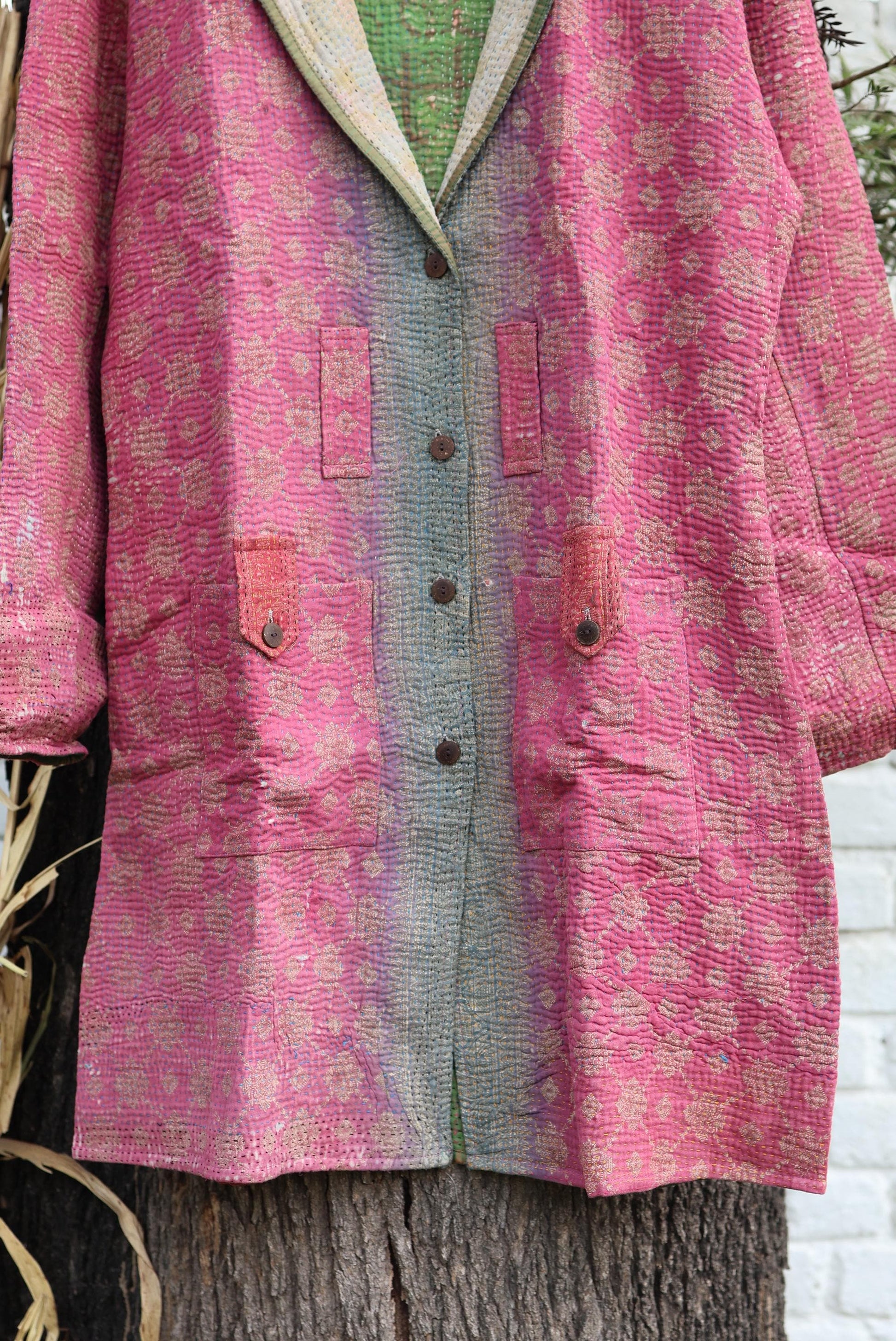 Handmade Vintage Kantha Quilt Coat for Women - Unique Bohemian Outerwear from Recycled Indian Quilts, One-off Ethnic style Up-Cycled Jacket