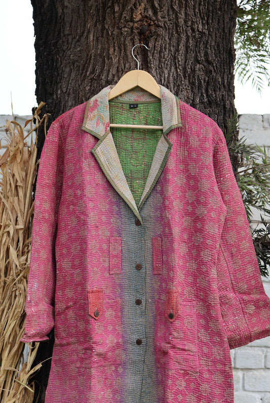 Handmade Vintage Kantha Quilt Coat for Women - Unique Bohemian Outerwear from Recycled Indian Quilts, One-off Ethnic style Up-Cycled Jacket