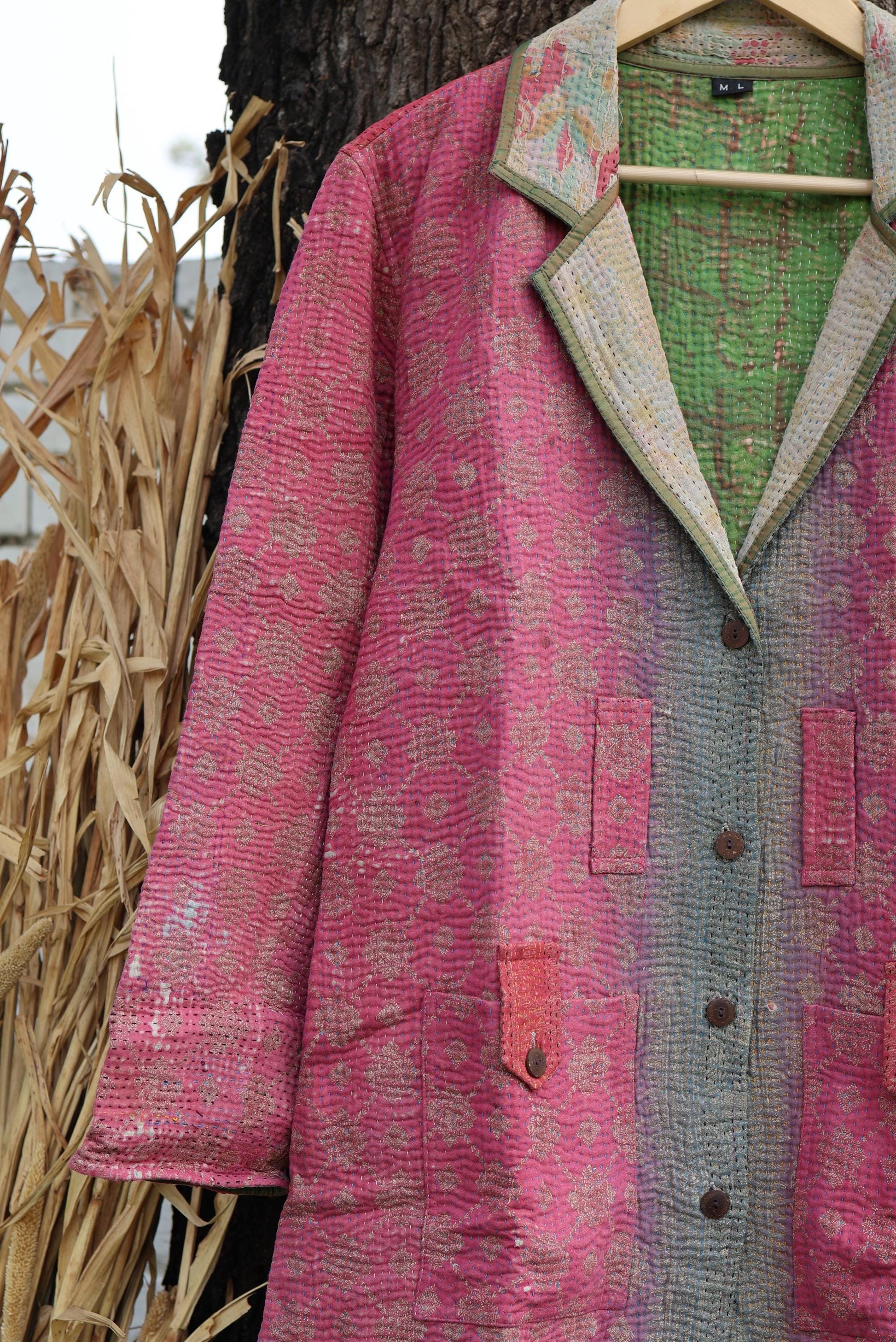 Handmade Vintage Kantha Quilt Coat for Women - Unique Bohemian Outerwear from Recycled Indian Quilts, One-off Ethnic style Up-Cycled Jacket