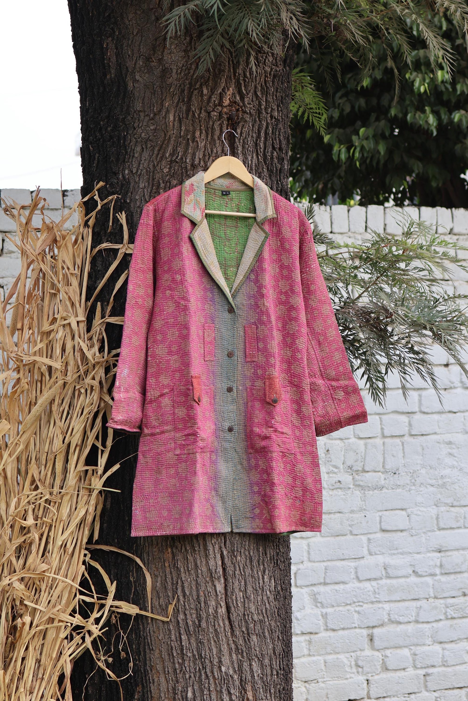 Handmade Vintage Kantha Quilt Coat for Women - Unique Bohemian Outerwear from Recycled Indian Quilts, One-off Ethnic style Up-Cycled Jacket