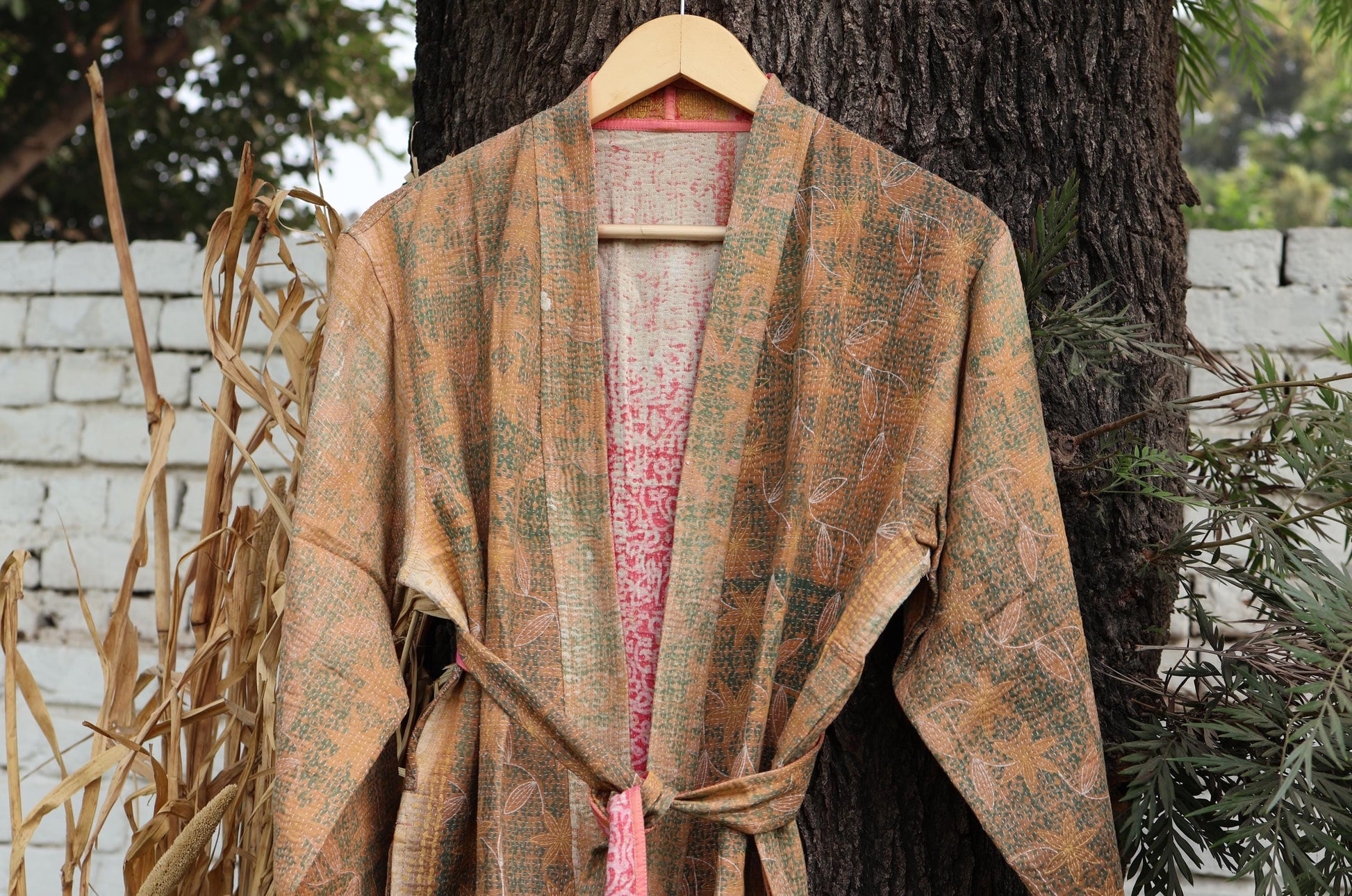 Handmade Vintage Kantha Kimono for Women - Unique Bohemian Outerwear from Recycled Indian Quilts, Ethnic style Robe, Up-Cycled Kimono Jacket