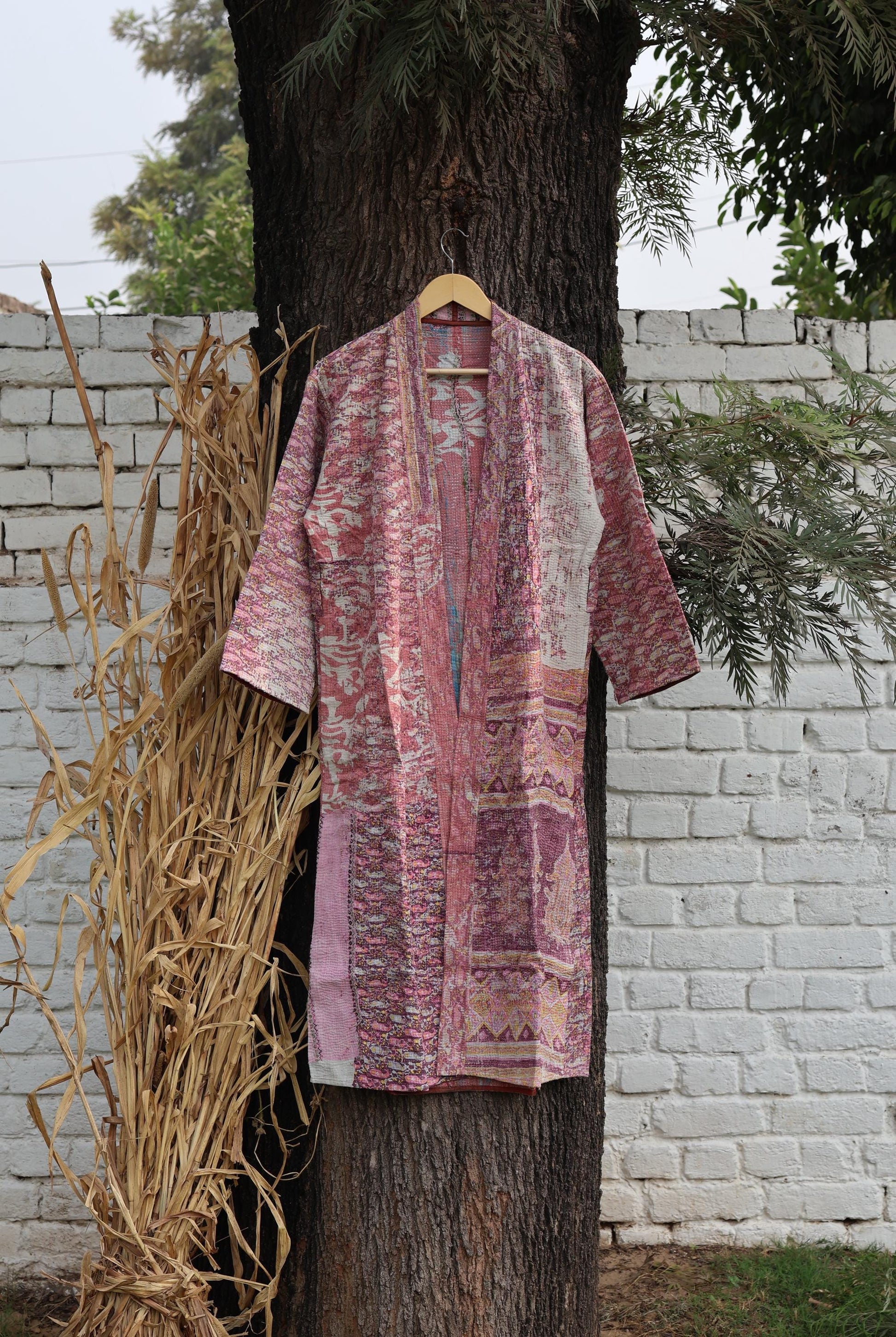 Handmade Vintage Kantha Kimono for Women - Unique Bohemian Outerwear from Recycled Indian Quilts, Ethnic style Robe, Up-Cycled Kimono Jacket