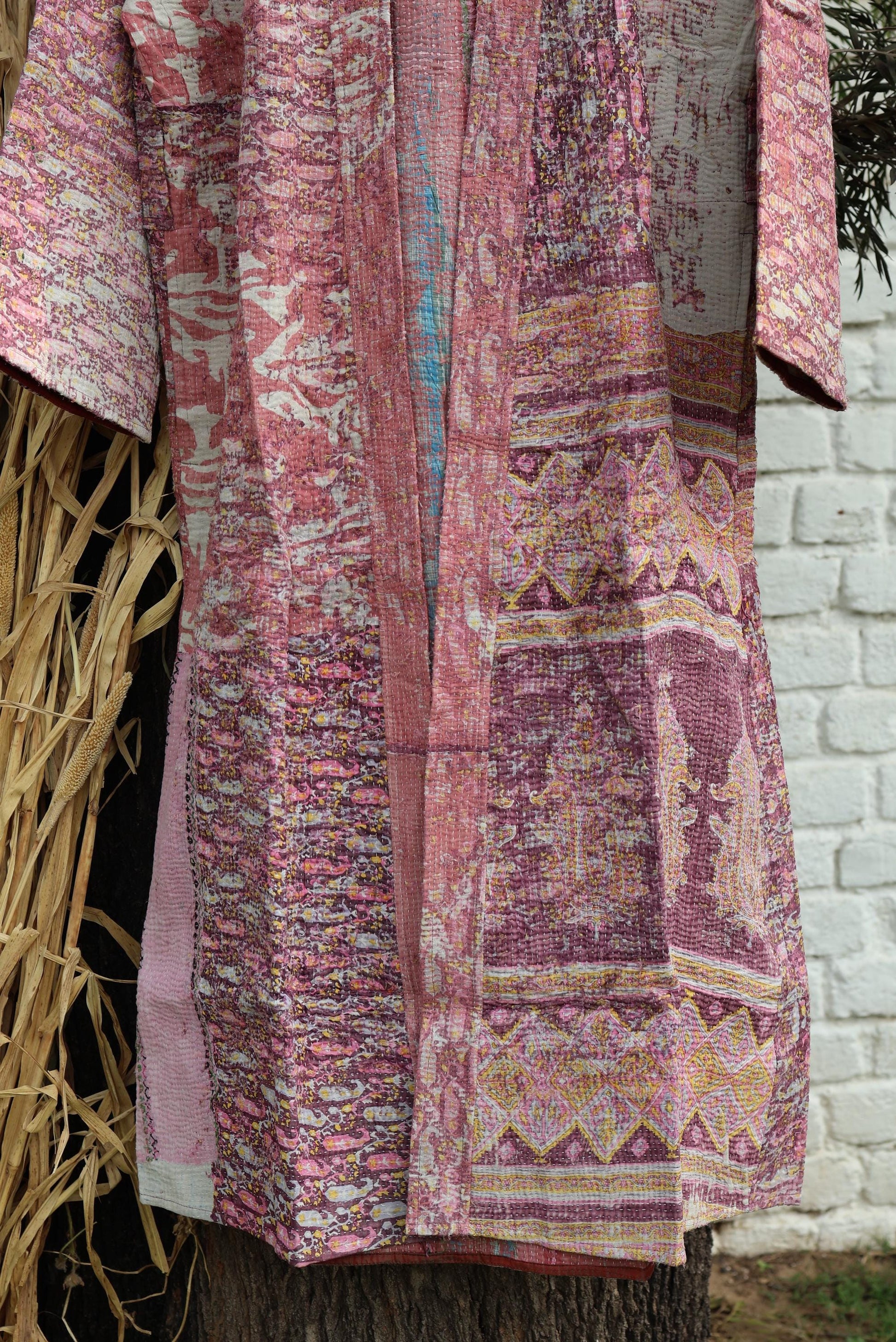 Handmade Vintage Kantha Kimono for Women - Unique Bohemian Outerwear from Recycled Indian Quilts, Ethnic style Robe, Up-Cycled Kimono Jacket