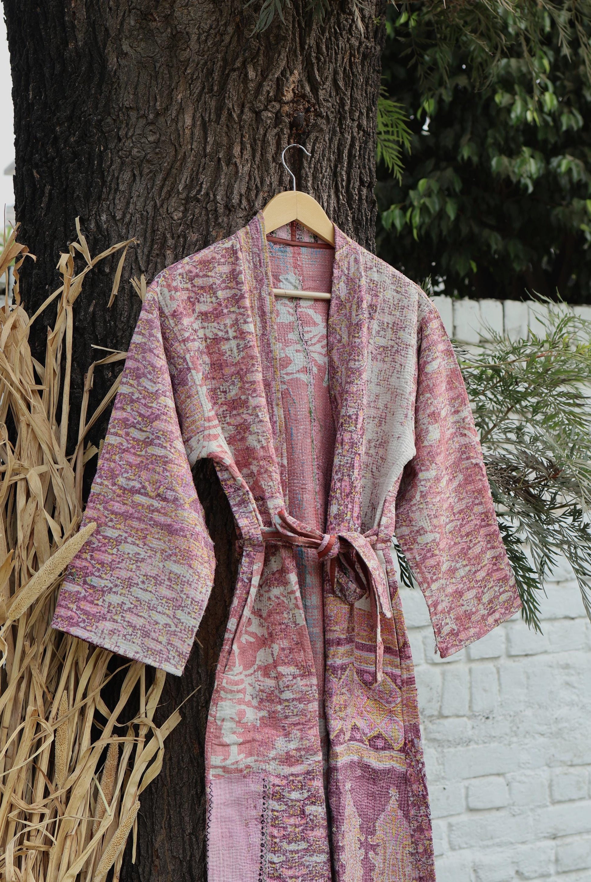 Handmade Vintage Kantha Kimono for Women - Unique Bohemian Outerwear from Recycled Indian Quilts, Ethnic style Robe, Up-Cycled Kimono Jacket