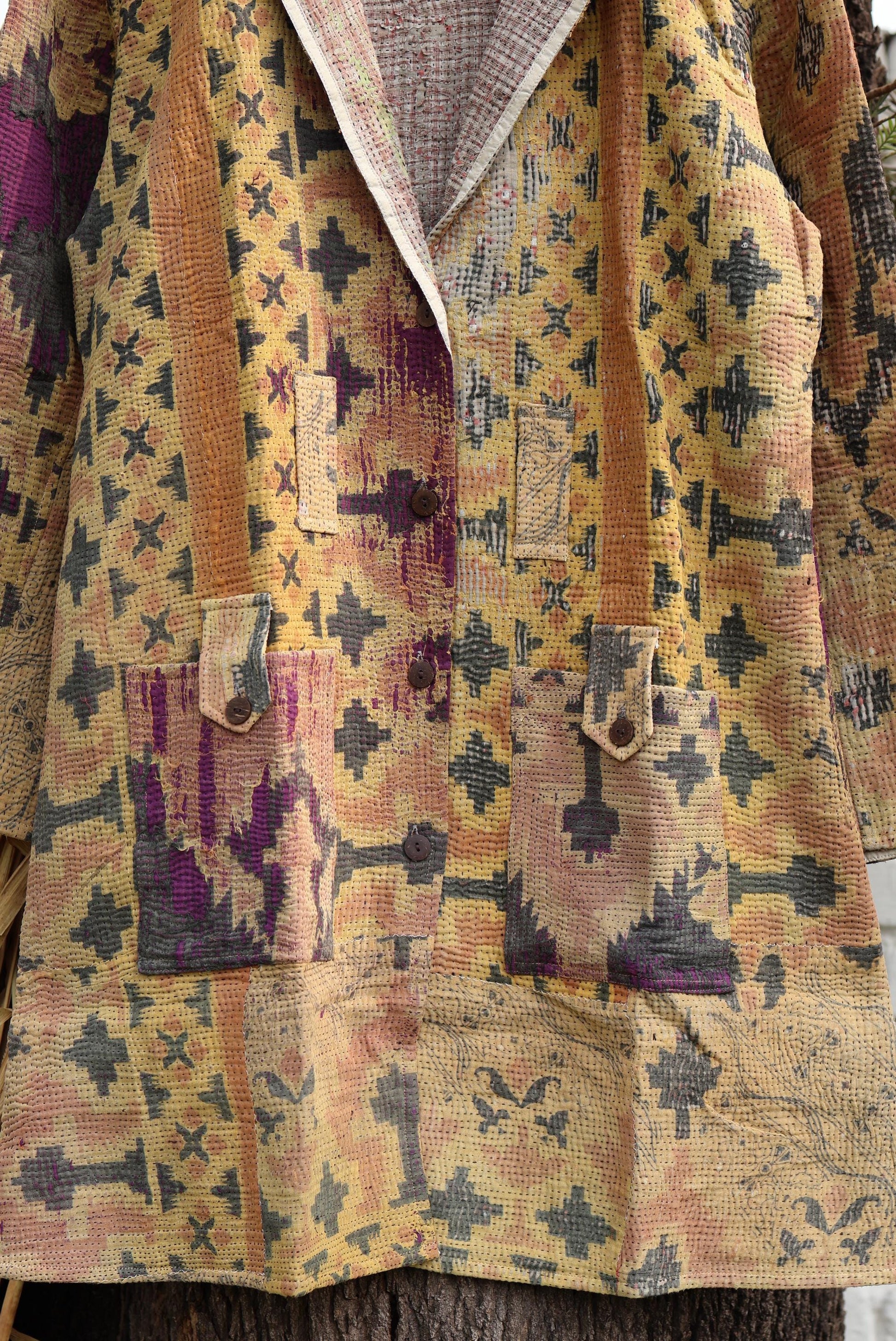 Handmade Vintage Kantha Quilt Coat for Women - Unique Bohemian Outerwear from Recycled Indian Quilts, One-off Ethnic style Up-Cycled Jacket