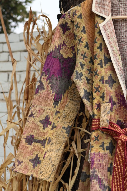 Handmade Vintage Kantha Quilt Coat for Women - Unique Bohemian Outerwear from Recycled Indian Quilts, One-off Ethnic style Up-Cycled Jacket