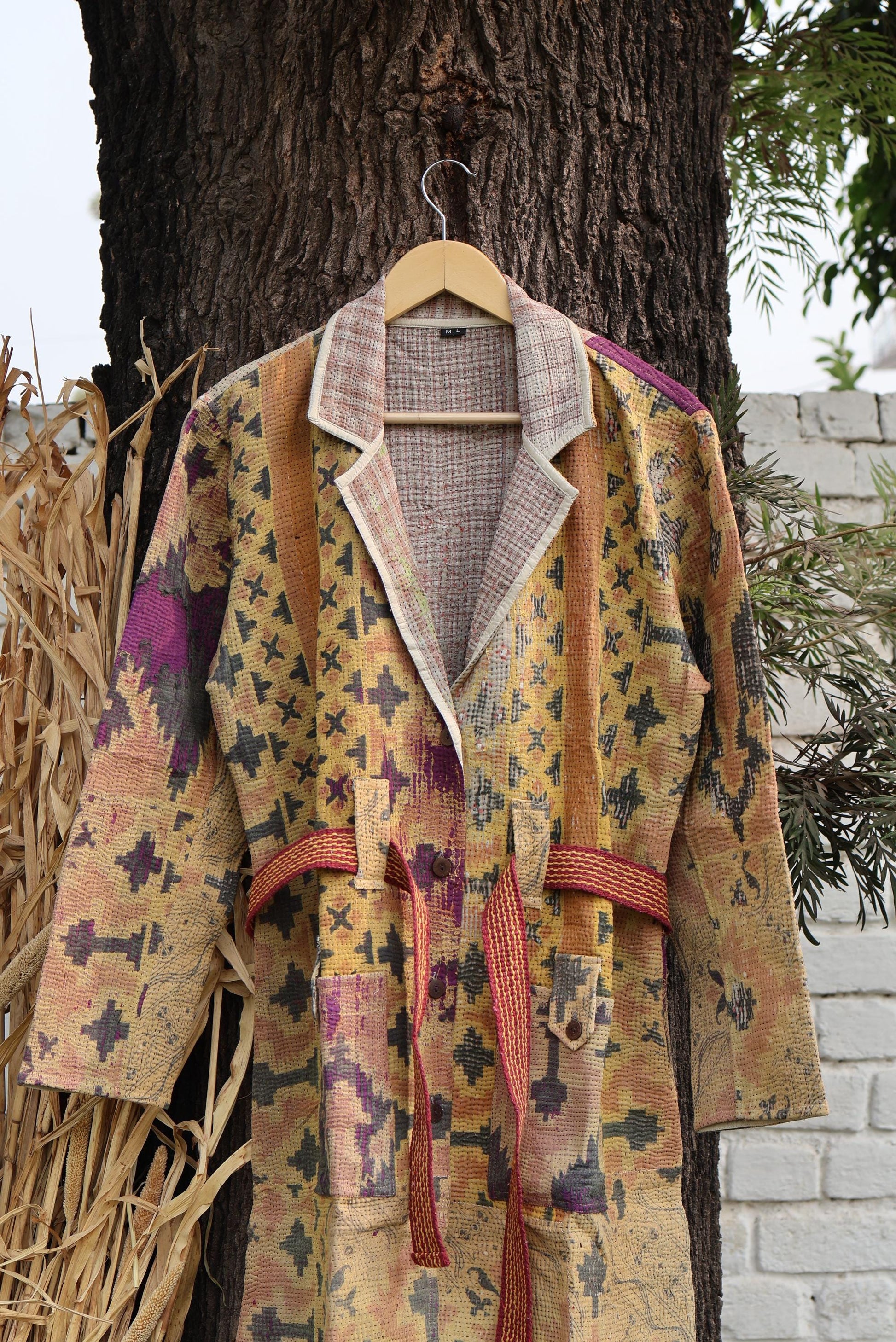 Handmade Vintage Kantha Quilt Coat for Women - Unique Bohemian Outerwear from Recycled Indian Quilts, One-off Ethnic style Up-Cycled Jacket